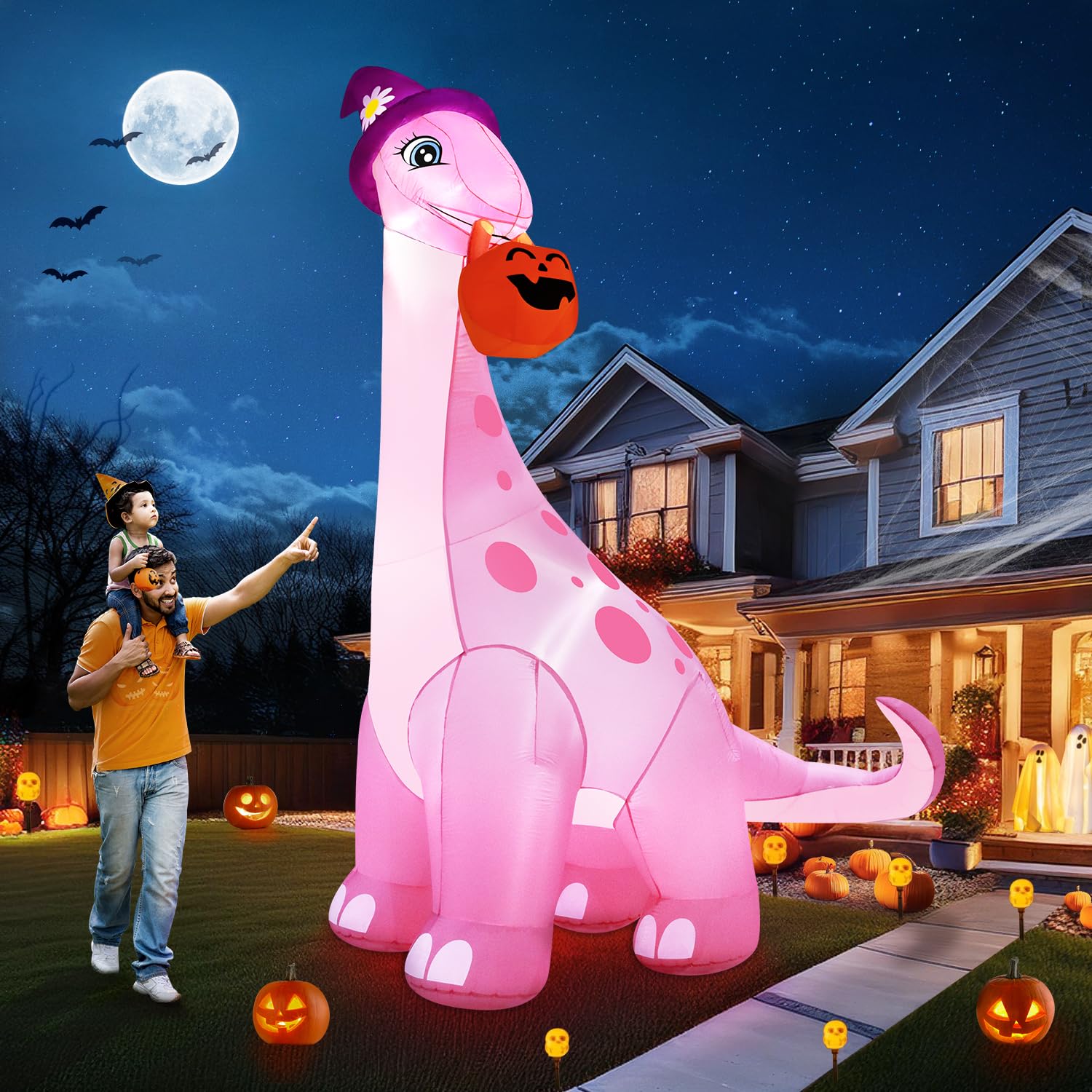 13FT Giant Halloween Inflatables Decorations Outdoor Pink Dinosaur, Huge Halloween Blow Up Yard Decorations Dino with Large Pumpkin Witch Hat Build-in LED Light Strong Blower for Party Lawn