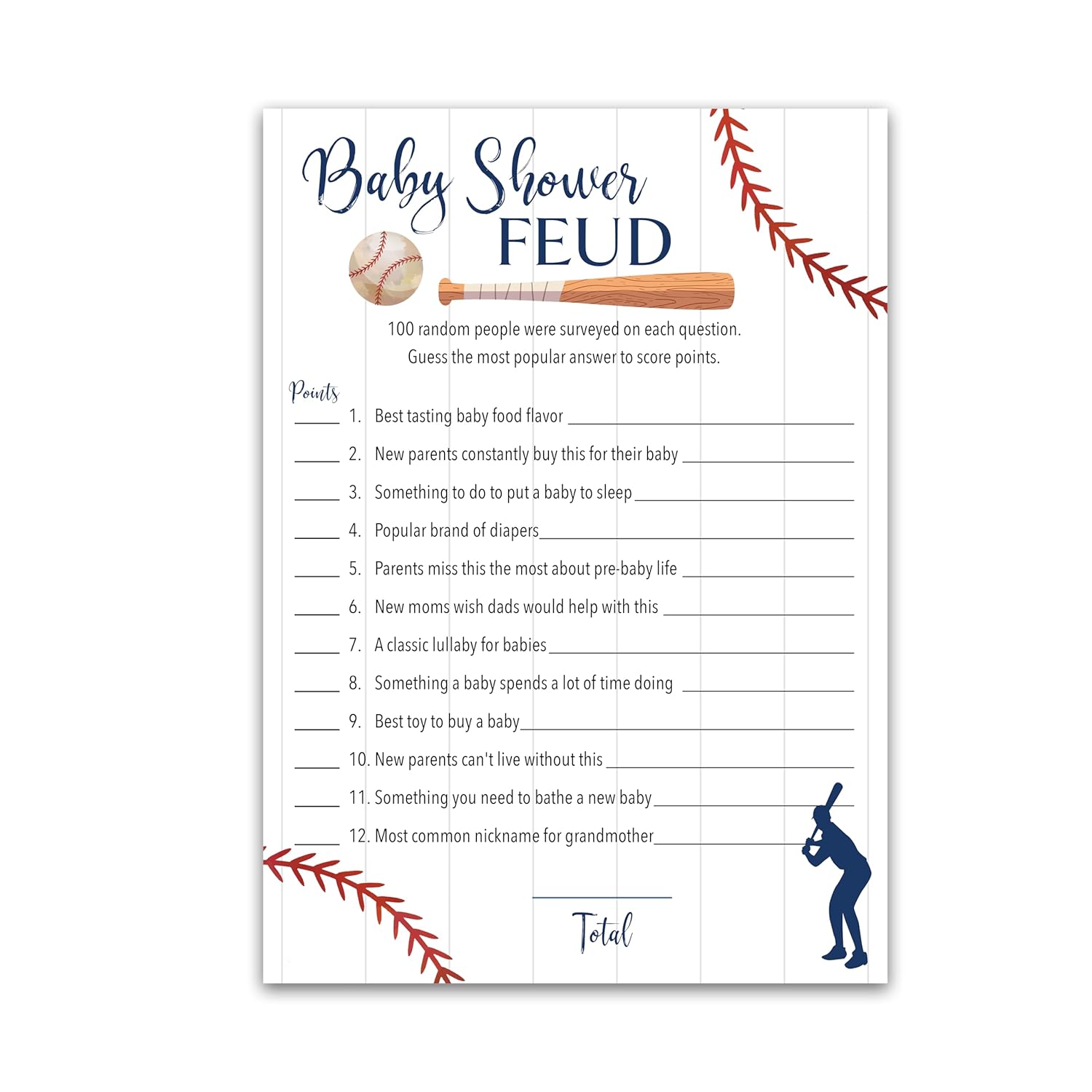 Baseball Baby Shower Feud Game — Pack Of 25 — Fun Shower Family Feud Games, Navy Blue Boy Baby Shower Activity, Rustic Sports Co-Ed Couples Shower Fued Games Little Slugger Theme G900-Bsf