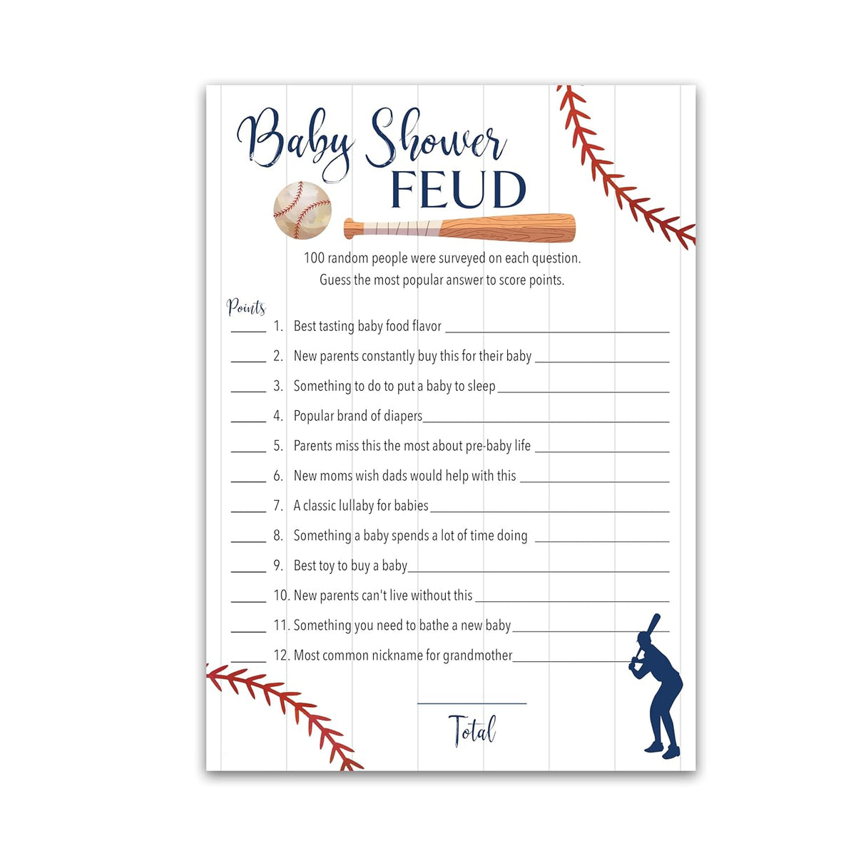 Baseball Baby Shower Feud Game — Pack Of 25 — Fun Shower Family Feud Games, Navy Blue Boy Baby Shower Activity, Rustic Sports Co-Ed Couples Shower Fued Games Little Slugger Theme G900-Bsf