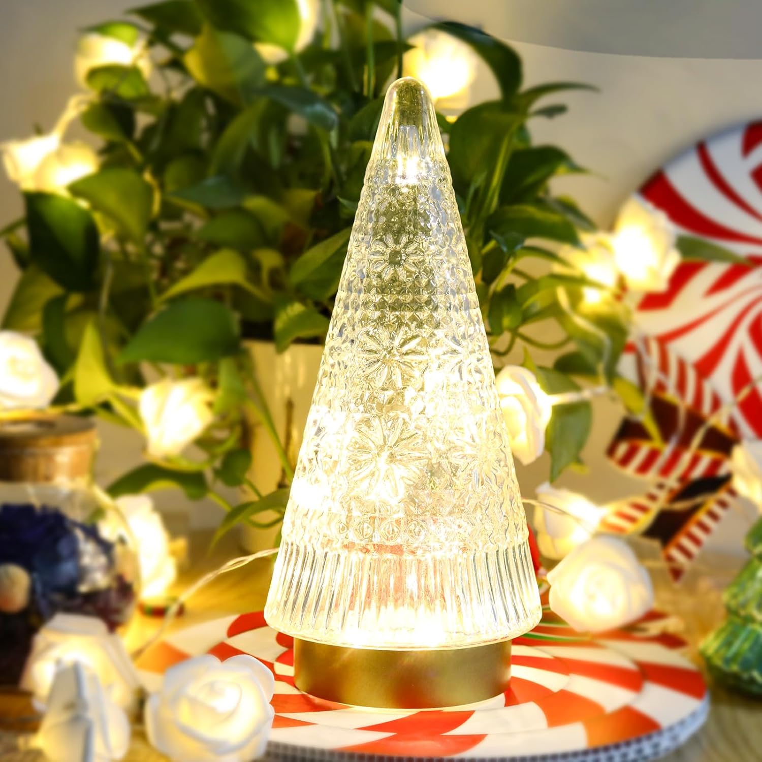 Table Top Christmas Tree Decorations With Fairy Lights,Gold Mercury Glass Finish, Holiday Table Centerpiece And Mantle Decor