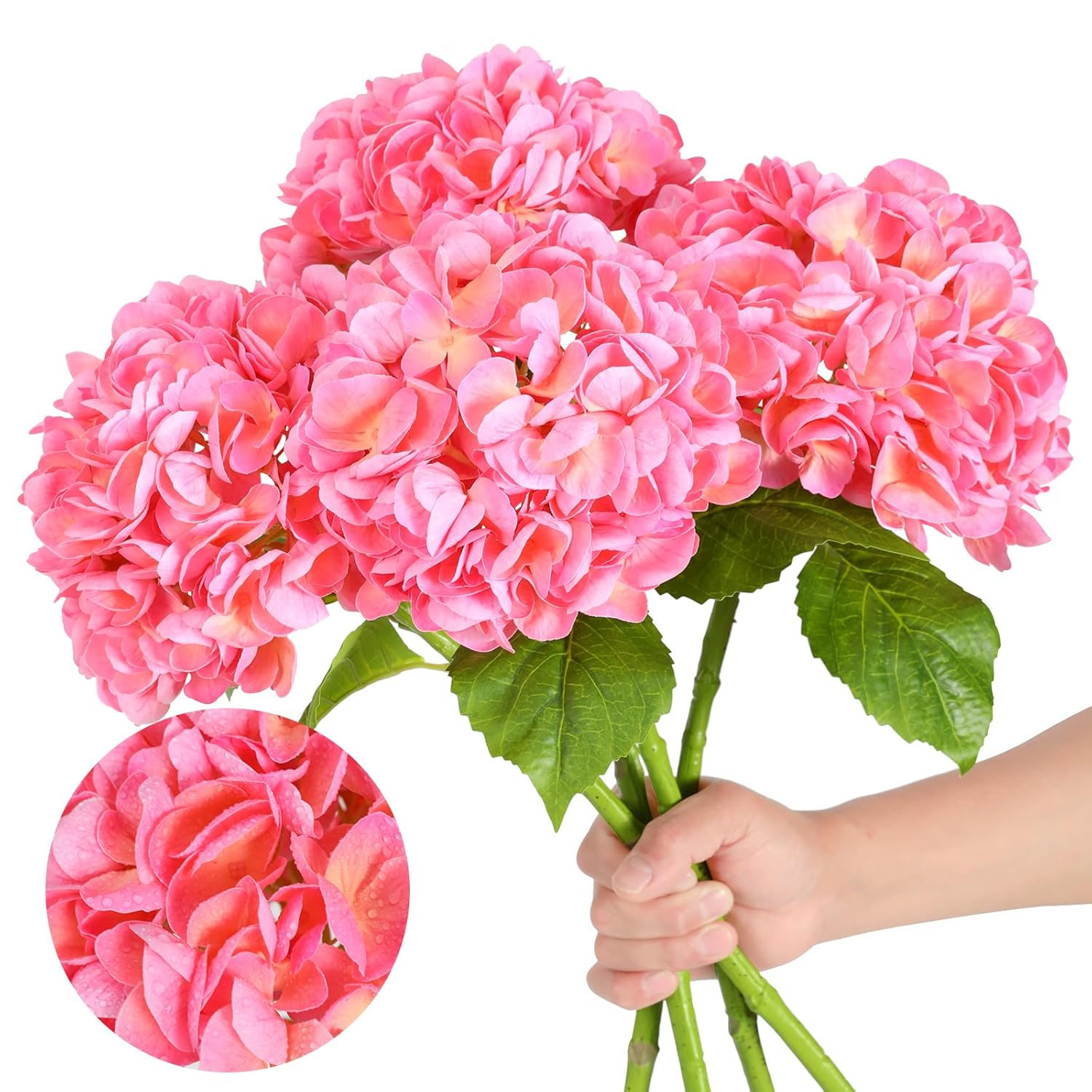 4Pcs Pink Hydrangea Artificial Flowers, 22.5In Latex Faux Real Touch Large Hydrangea Flowers With Long Stems & Leaves For Home Office Decor Wedding Party Arrangements(Pink)