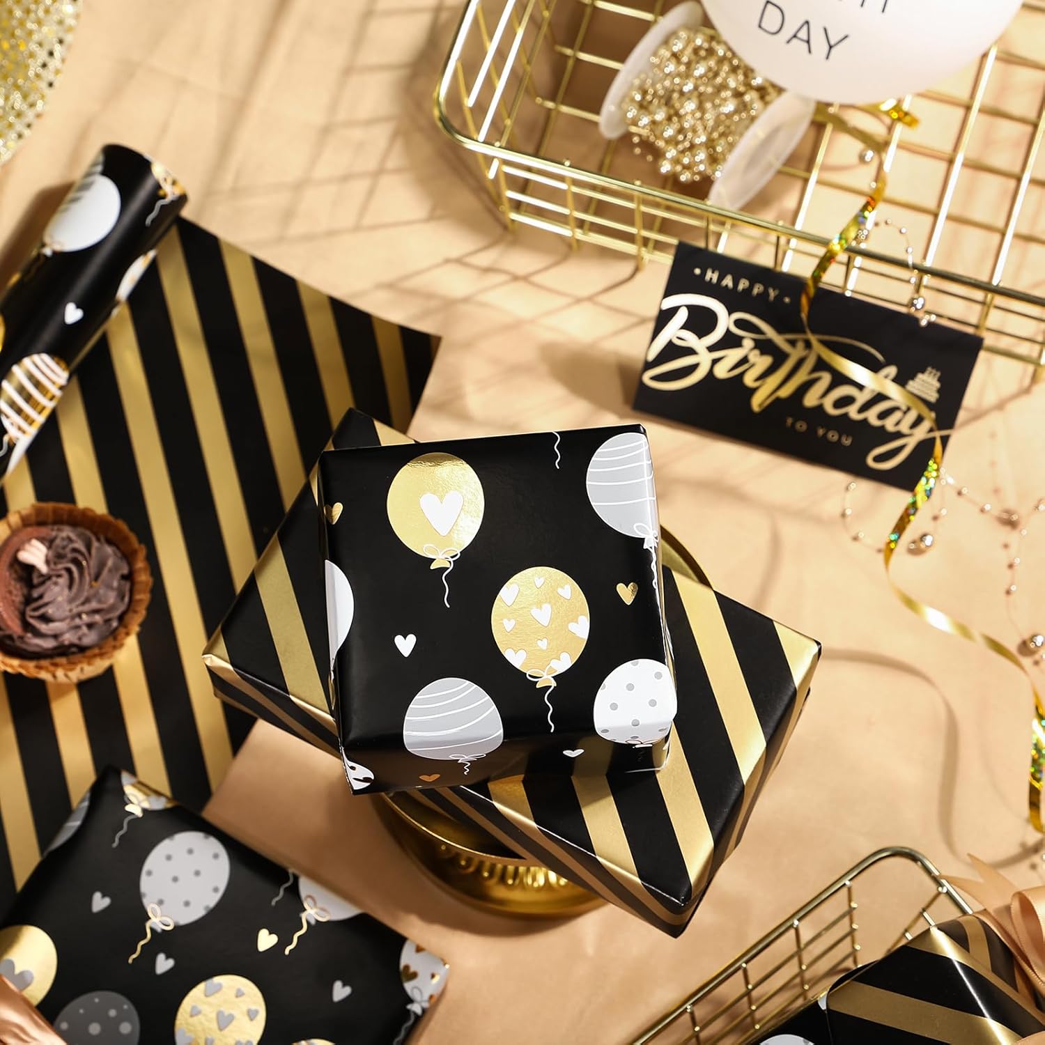 Reversible Birthday Wrapping Paper Roll - Mini Roll - 17 Inch X 10 Feet - Black Gold Balloon Happy Birthday Wrapping Paper Perfect For Adults, Kids, Girls, Boys, Baby Shower