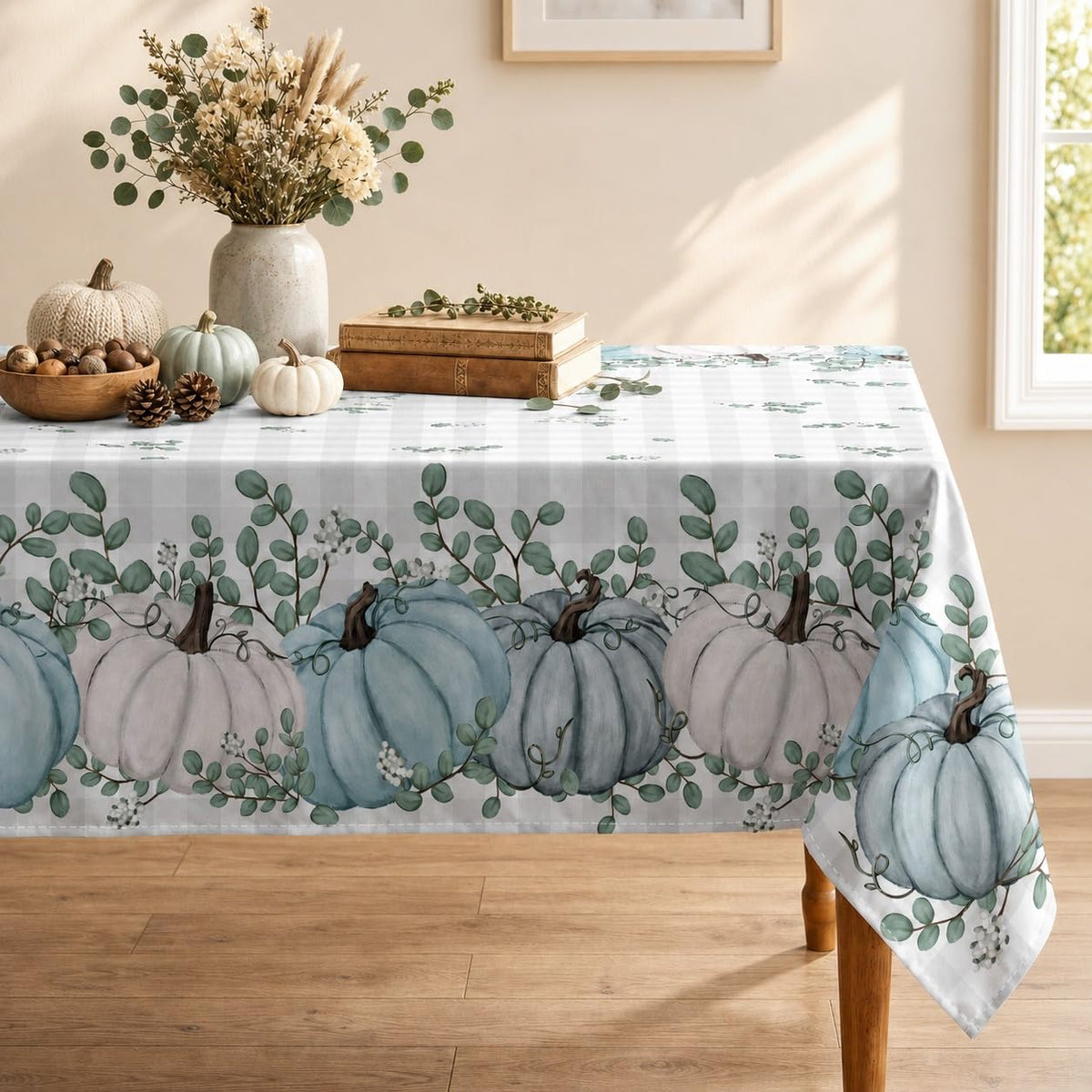 Fall Tablecloth 60x84 Inch Rectangular, Thanksgiving Autumn Harvest Blue Pumpkin Buffalo Plaid Table Cover for Party Picnic Dinner Decor