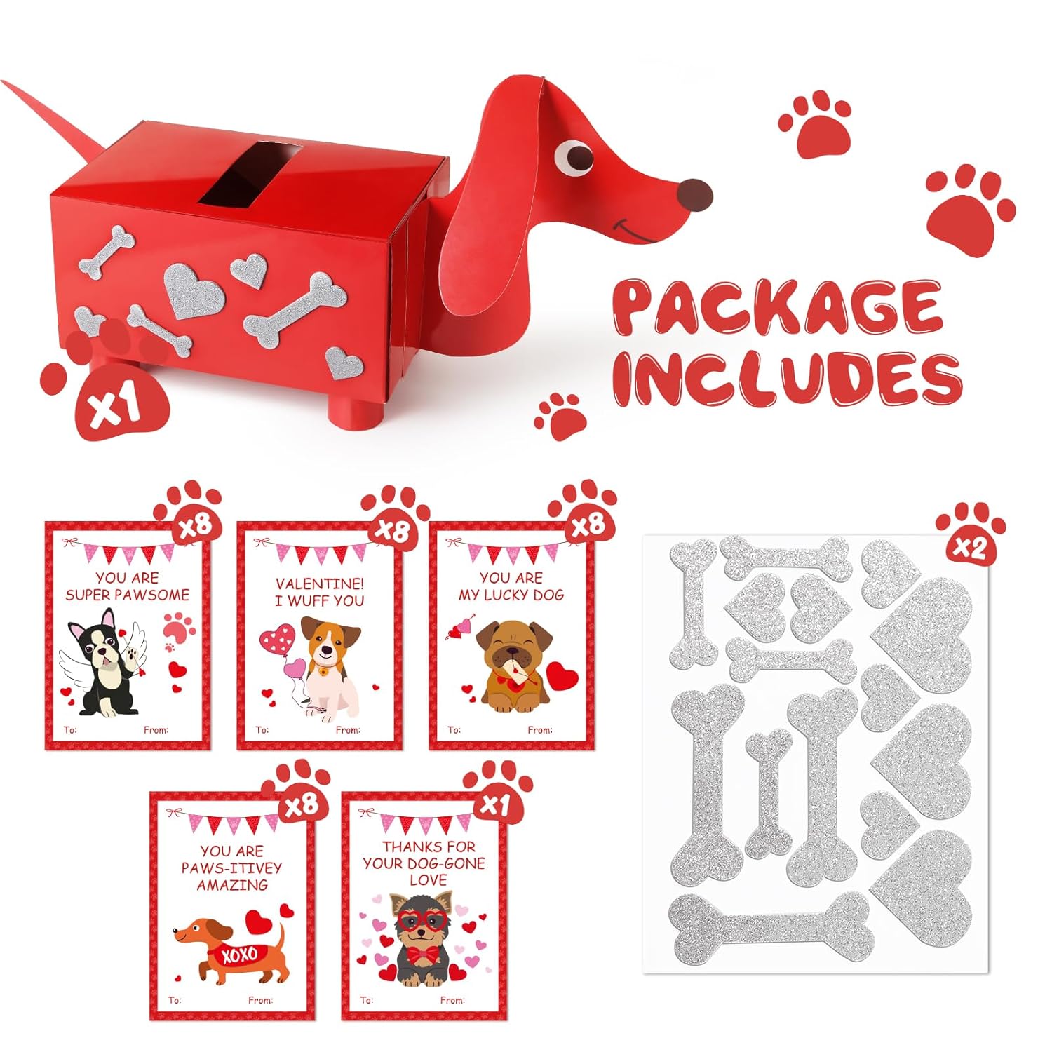 Valentines Day Boxes For Kids Classroom, 33 Pack Valentines Day Cards For Kids School With Diy Dog Puppy Mailbox For Class Cards Exchange, Craft Party Favor For Boy Girl, 1 Teacher Card Contained