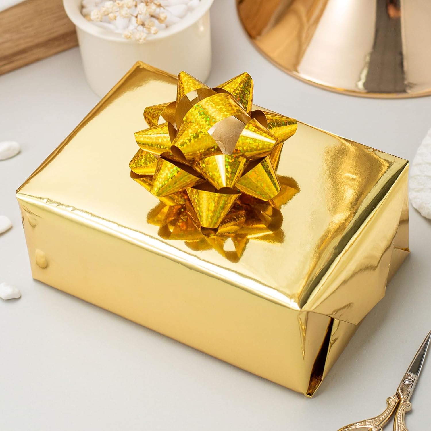 Gold Wrapping Paper Jumbo Roll - 30 In X 32.8 Ft (81.7 Sq.Ft.) Metallic Gold Gift Wrap With Grid Cutting Lines For Christmas, Wedding, Birthday, Valentines Day, Mothers Day, Baby Shower