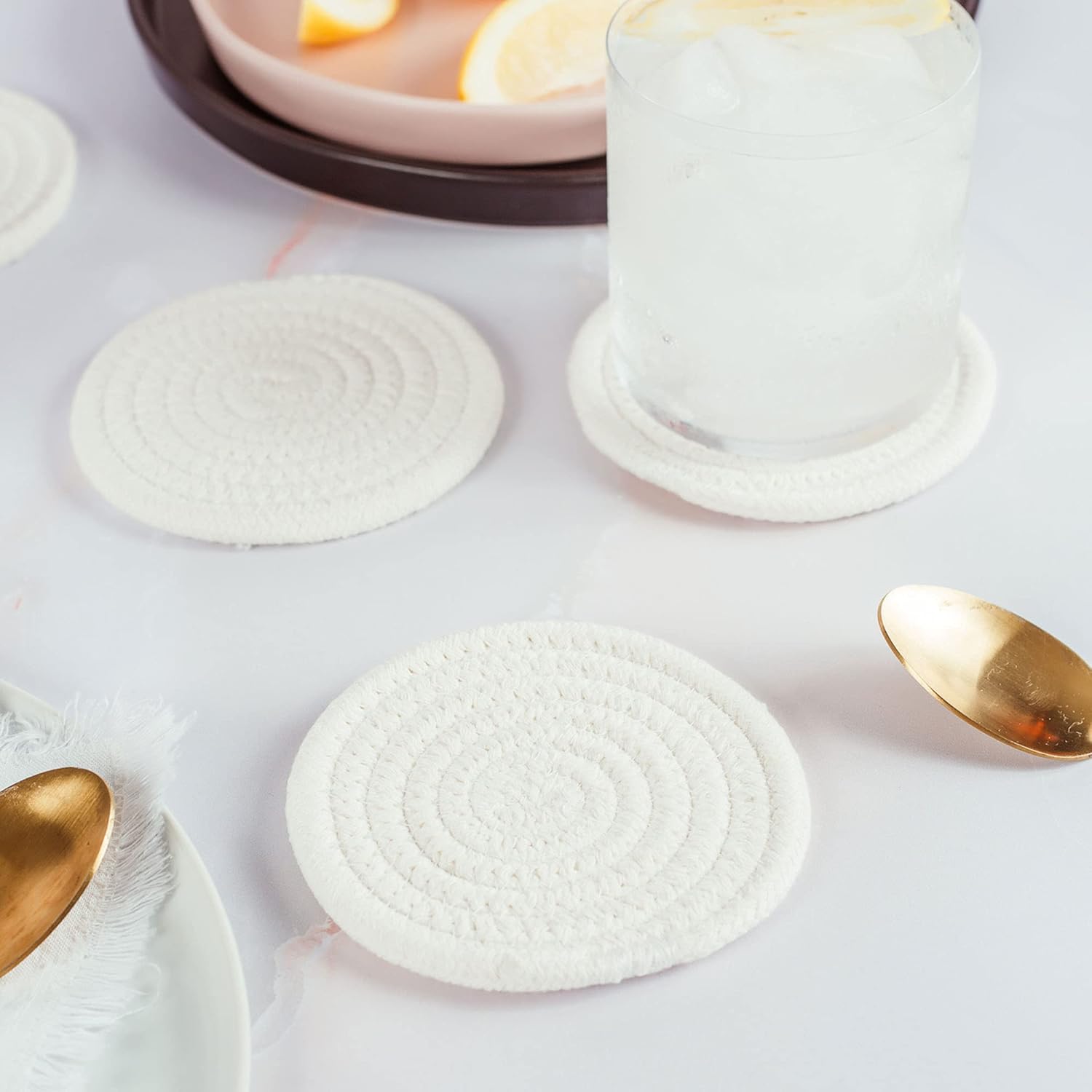 Drink Coasters Set Of 6, Absorbent Cotton Woven Cup Coasters, Rustic Farmhouse Boho Decor For Coffee Table And Drinks Protection, Cute Coaster For Drinks - Off-White