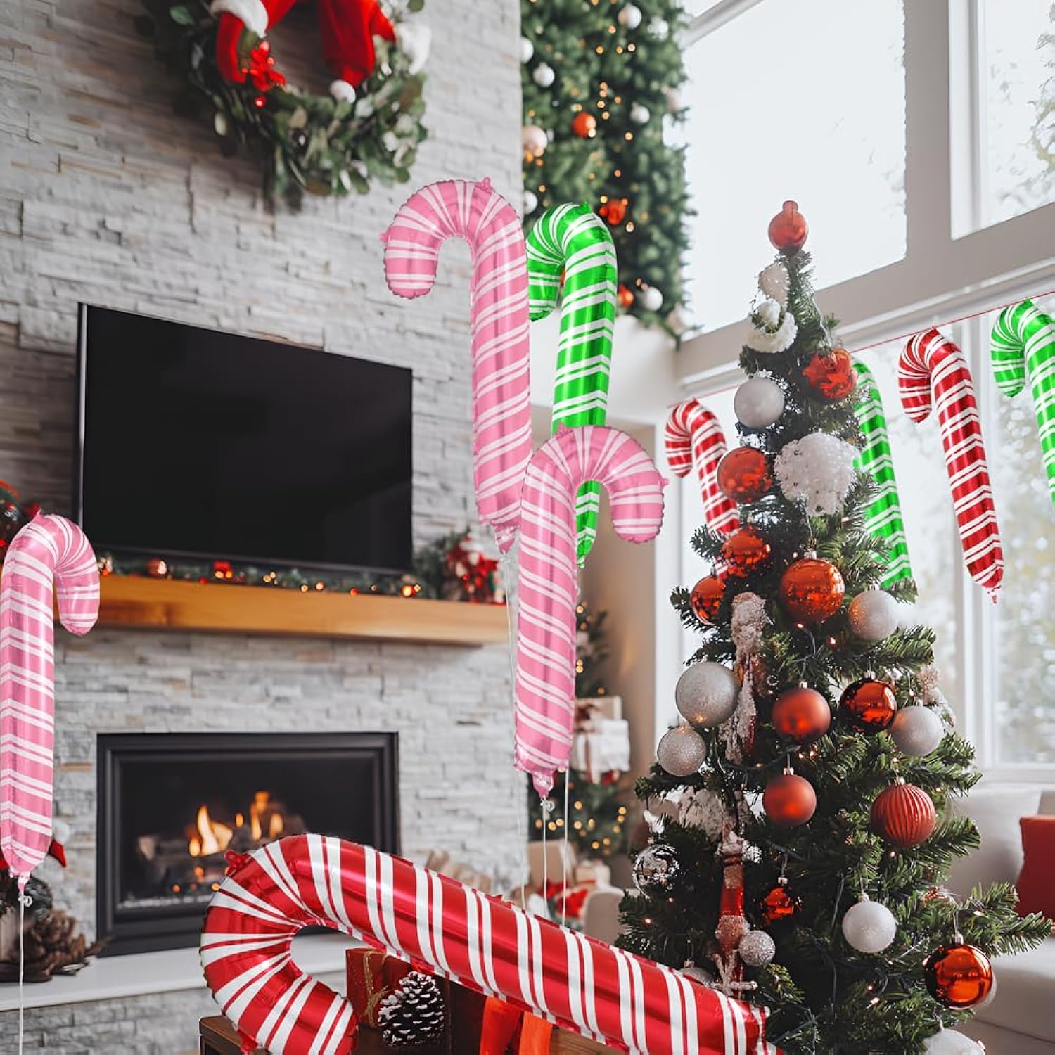 12 Sweet Xmas Candy Cane Foil Balloon, Merry Christmas Lollipop Red Green Pink Santa Canes Walking Stick Balloons For New Year Candyland Theme Baby Shower Birthday Party Decoration Supplies