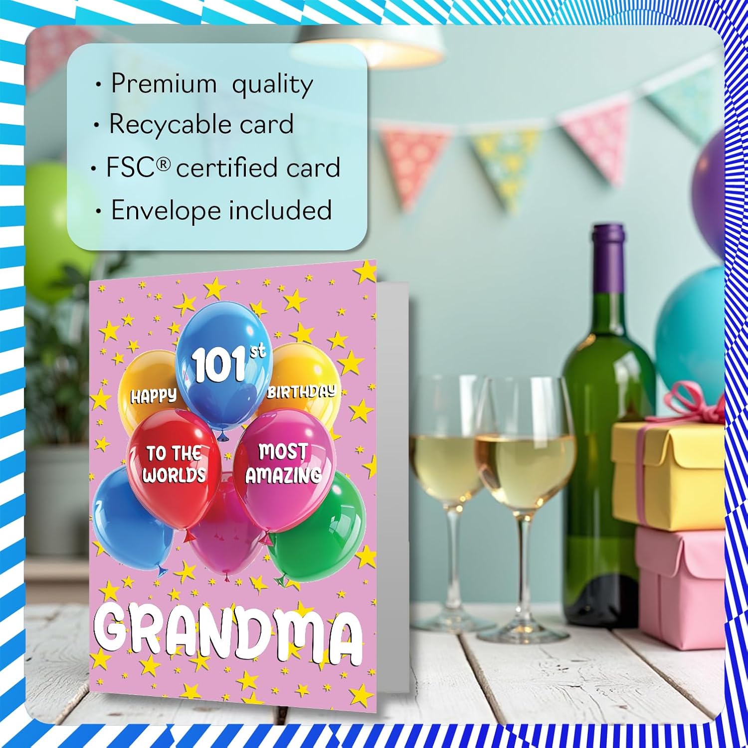 Grandma 101St Birthday Card - Worlds Most Amazing - Happy Birthday Card For 101 Year Old Grandma From Grandson Granddaughter, A5 Balloons And Stars Bday Greeting Cards