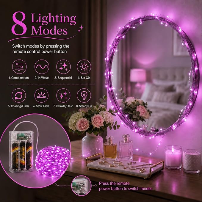 Light Purple Fairy Lights Battery Operated 16FT 50 LED Twinkle String Lights with Timer 8 Lighting Modes Waterproof Decorative Lights for Bedroom Party Christmas Decor