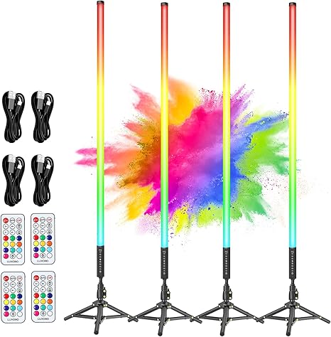 4 Pack 4FT Battery Powered RGB Tube Lights with Tripods Portable LED Light Wands for Video
