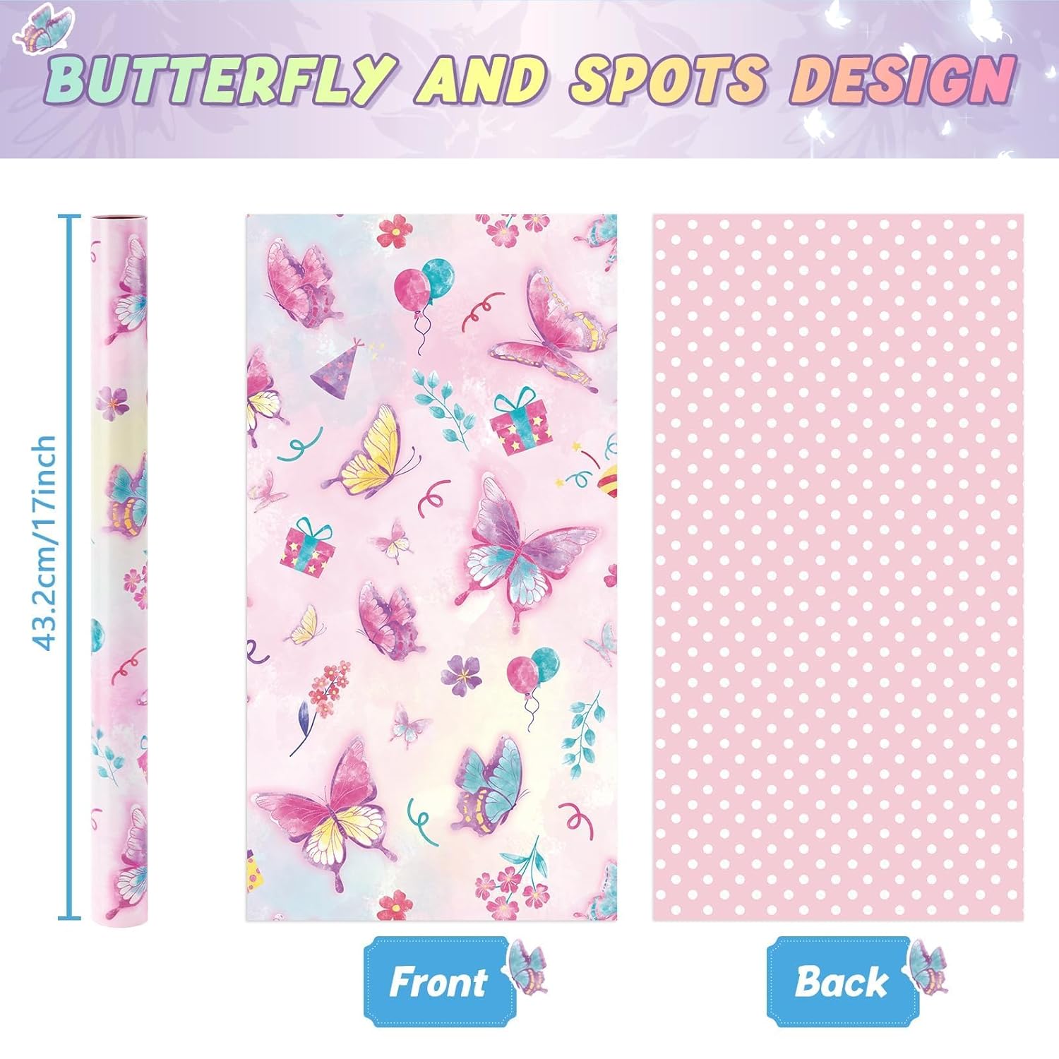 Butterfly Wrapping Paper Roll - 1 Roll 17” X 33 Ft Butterfly Fairy Wrapping Paper Pink Purple Flower Gift Packing For Kids Girls Birthday Baby Shower Bridal Shower Decor Reversible Polka Dot