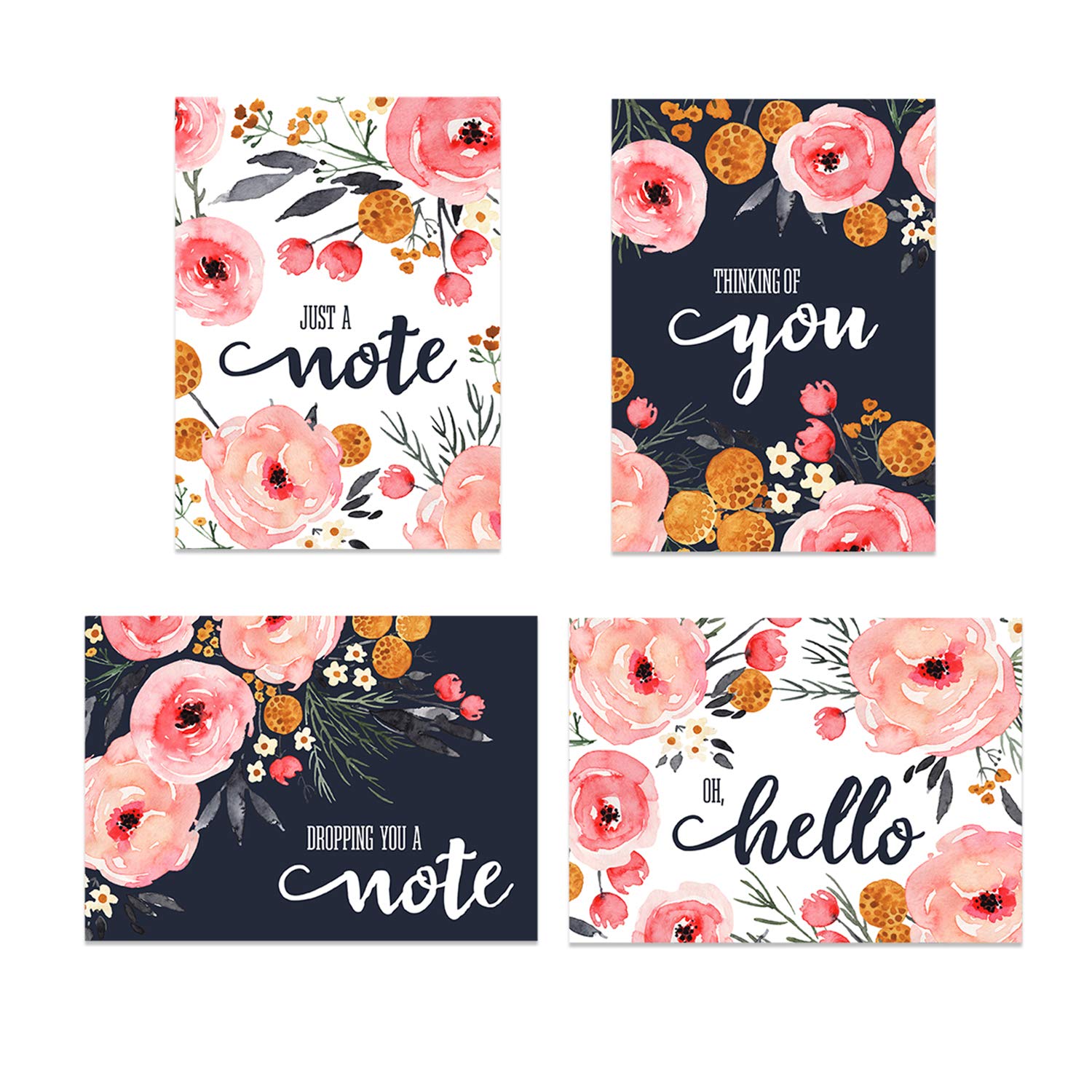 Watercolor Blue And Pink Floral Greeting Cards / 24 All Occasion Cards With White Envelopes / 4 Bright Floral Designs / 3 1/2" X 4 7/8" Thinking Of You Card Set