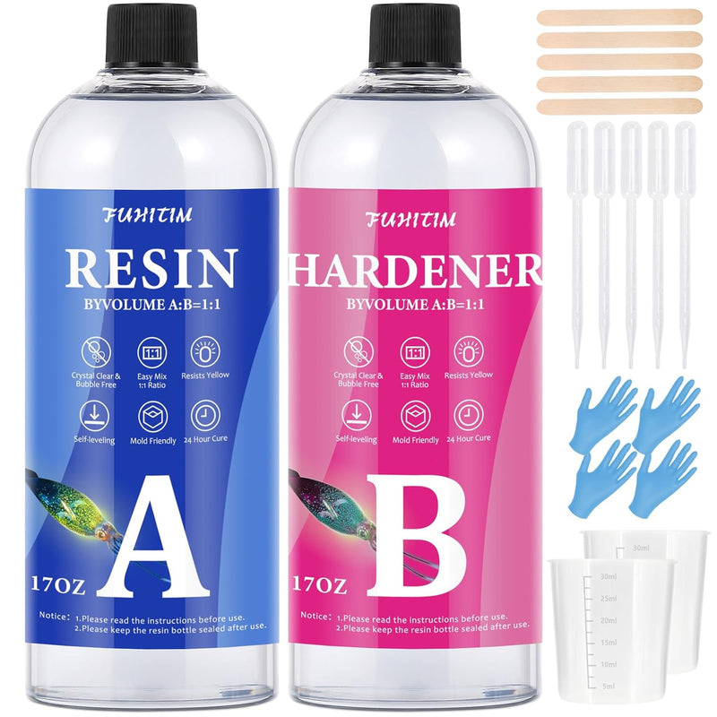 Epoxy Resin 34Oz - Epoxy Resin Kit, Crystal Clear Epoxy Resin Kit - Not Yellowing, No Bubble, Self Leveling, High-Gloss, Casting & Coating For Diy Jewelry Making Of The Art Resin & Epoxy (17Oz X 2)