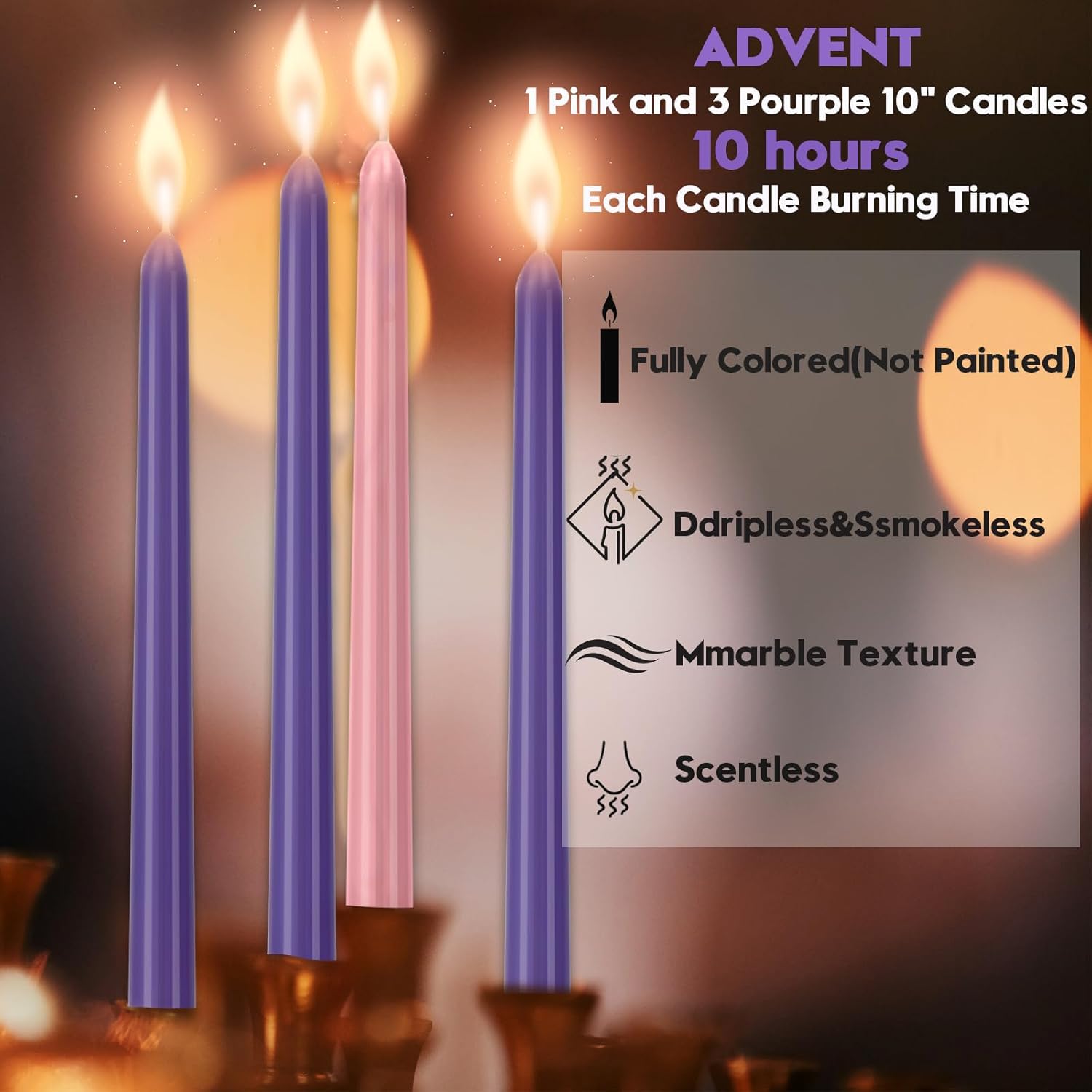 4 Pack Advent Candles Set - 10-Inch Dripless, Unscented, Smokeless, Long-Lasting Advent Tapered Candles For Christmas, Hand-Poured In Pink And Purple