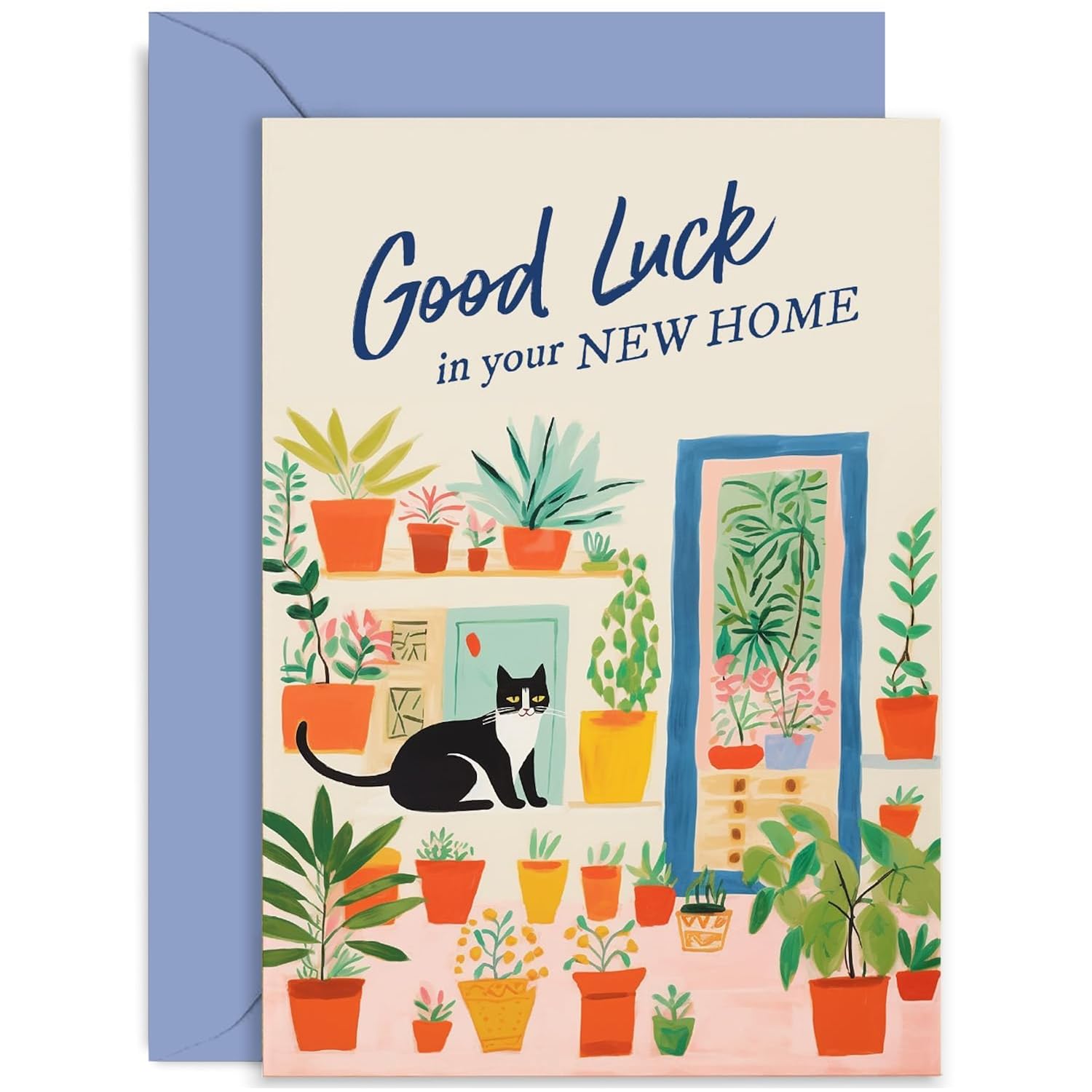 Old English Co. Good Luck In Your New Home Card For Couple - Cat And House Plants Quirky Design For Him Or Her - Housewarming Card - Moving Card For Him Or Her | Blank Inside With Envelope