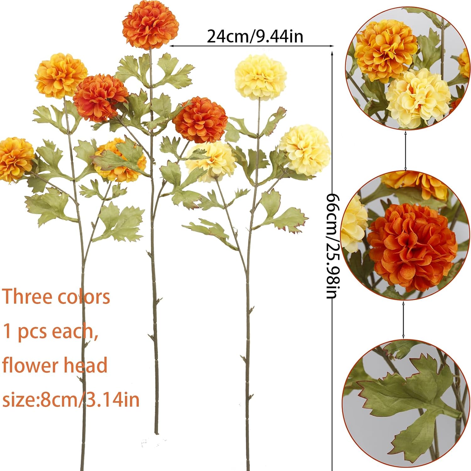 3 Pcs Artificial Marigold Flowers Artificial Chrysanthemums Ball Flower Orange Silk Mums Flowers Spring Branches For Home Decor Floral Arrangement Table Centerpiece