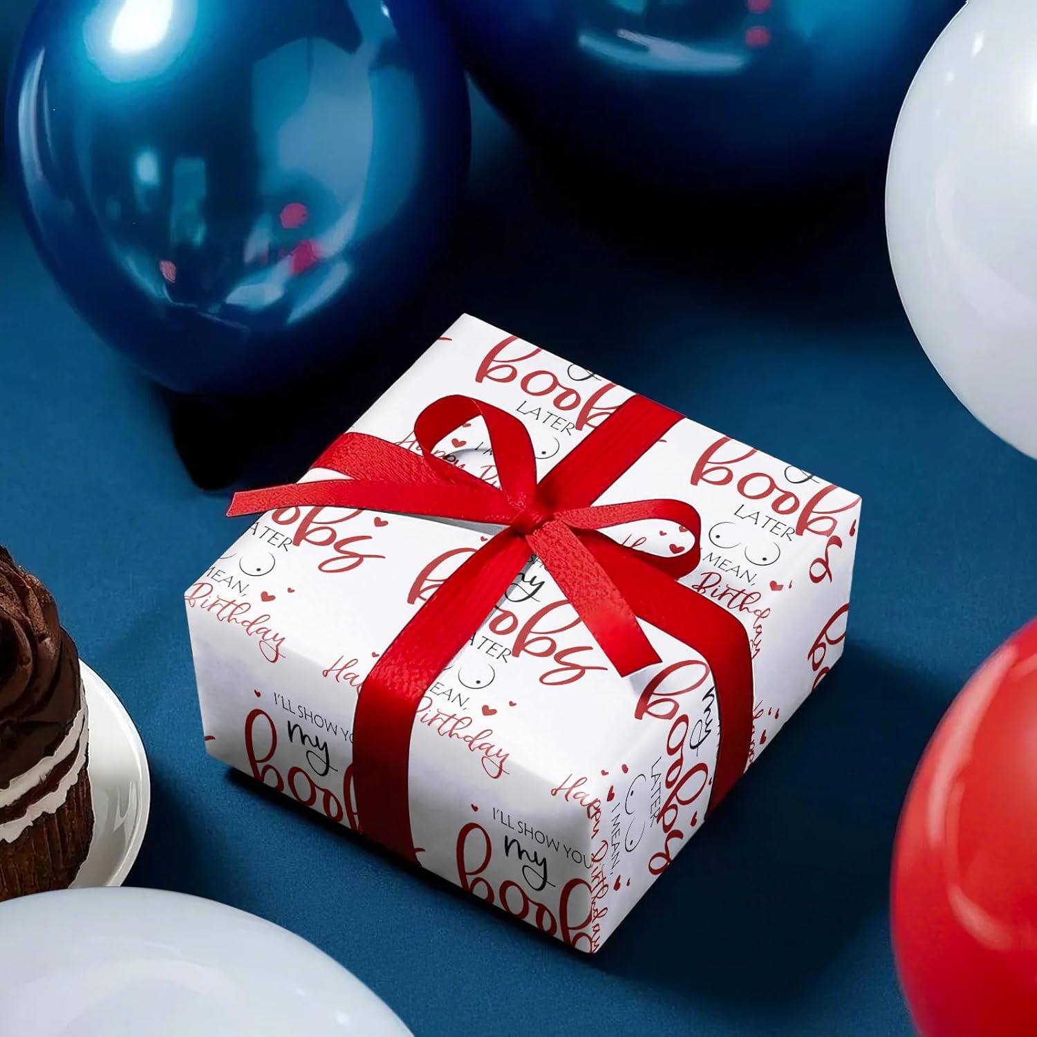 Funny Birthday Wrapping Paper For Men, Husband, Him - Mini Roll - I Will Show You My Boobs Later, I Mean Happy Birthday Design For Party Gift Wrap - 17 Inches X 16.4 Feet