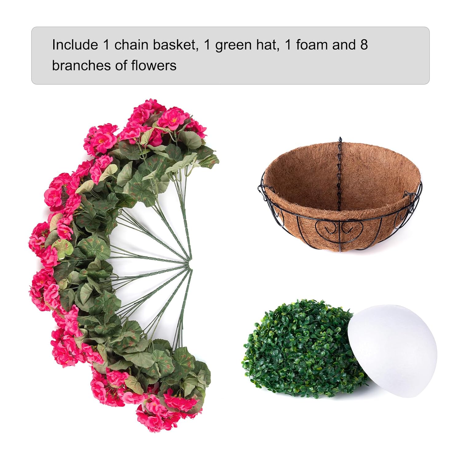 Geraniums Artificial Flowers Hanging Basket For Outdoors Outside Spring Decoration, 8 Bundles Silk Flowers Fake Plants Look Real Uv Resistant For Porch Home Patio Balcony Yard, Hotpink