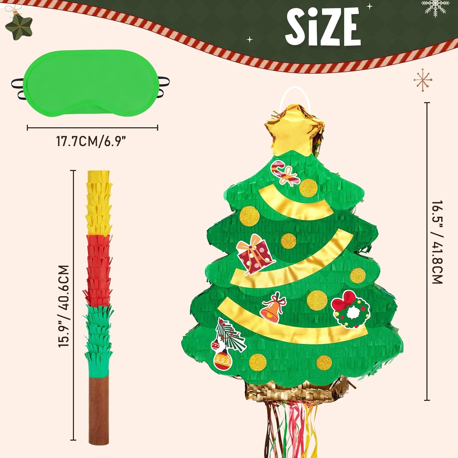 Christmas Tree Pinata - Christmas Decorations Xmastree Party Game For Kids Festival Party Decor Supply Green Tree Design Merry Xmas Favor Pull String With Blindfold Bat 16.5” X 12.4”