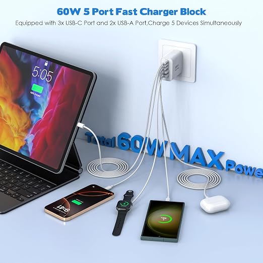 2 Pack 60W 5 Port USB C Fast Wall Charger with 10FT USB C Cable for iPhone 17 16 15 iPad