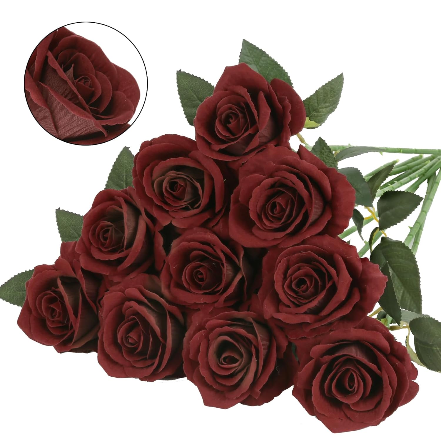 Burgundy Roses Artificial Flowers,10Pcs Real Touch Fake Velvet Roses 19.7" Faux Roses With Stems For Diy Wedding Bouquet Valentine'S Day Party Home Decoration (Burgundy)