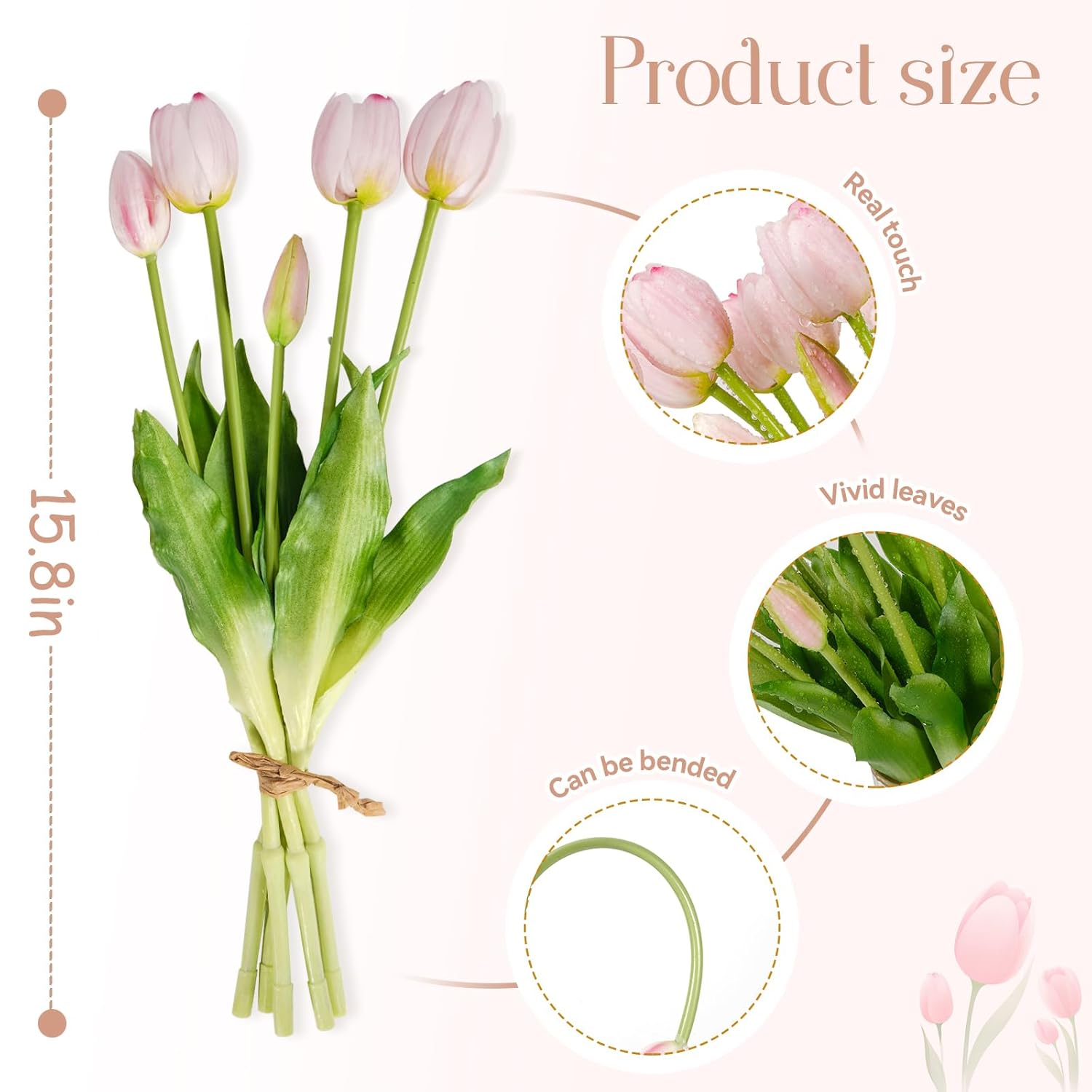 15Pcs Fake Tulips Artificial Flowers Real Touch Latex Bouquet Faux Tulips For Centerpiece Arrangements Wedding Party Home Décor (Light Pink)