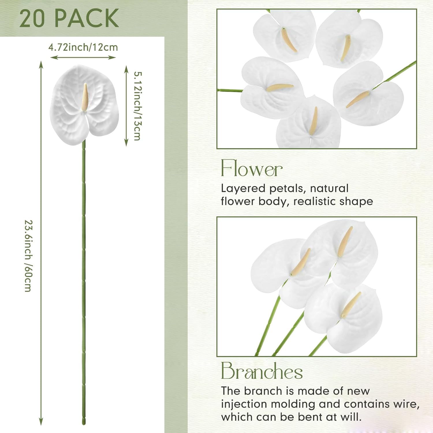 20 Pcs Artificial Anthurium Flowers 23.6 Inch Fake Anthurium Flowers For Diy Vase Bouquets Centerpiece Arrangements Wedding Bridal Shower Party Home Decor(White)