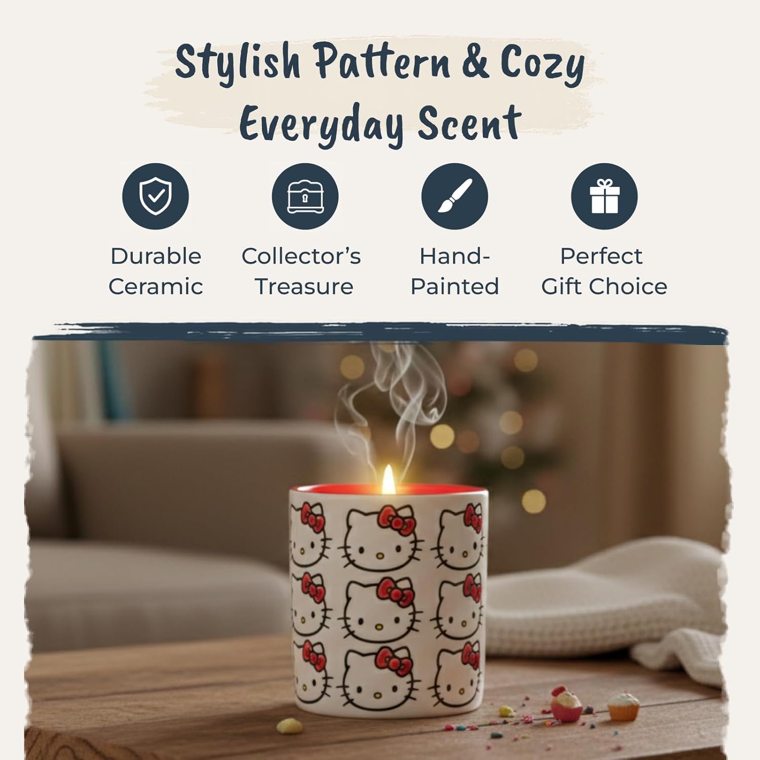 Blue Sky Clayworks Hello Kitty Face Pattern Red Ceramic Candle, Vanilla Cupcake Scent, 3.5" L x 3.5" W x 4" H, Bow Parade Glow