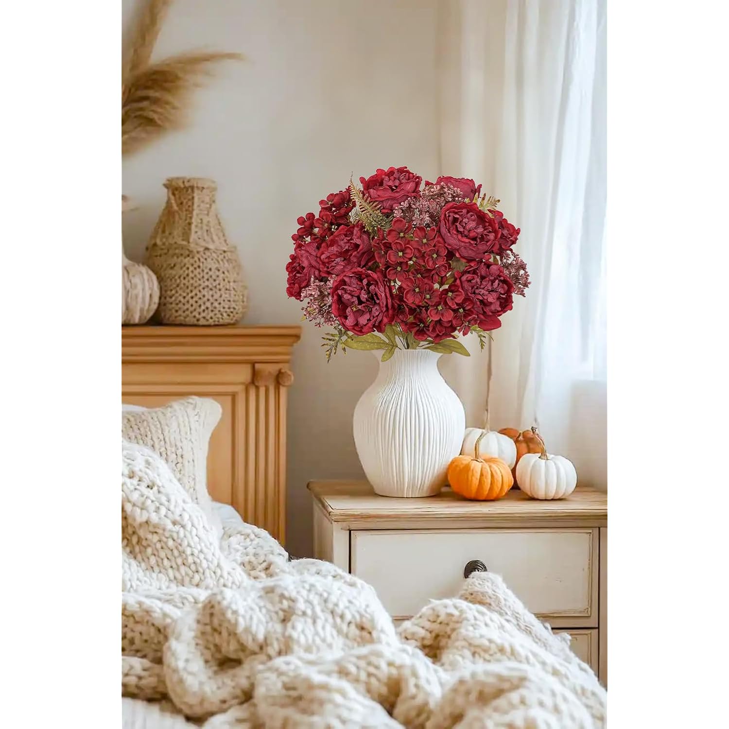 2 Bundles Artificial Fall Flowers Bouquet 18.8" Red Peony Hydrangea Fake Fall Floral Silk Flowers Autumn Faux Flower Arrangement For Home Wedding Table Centerpieces Thanksgiving Party Decor