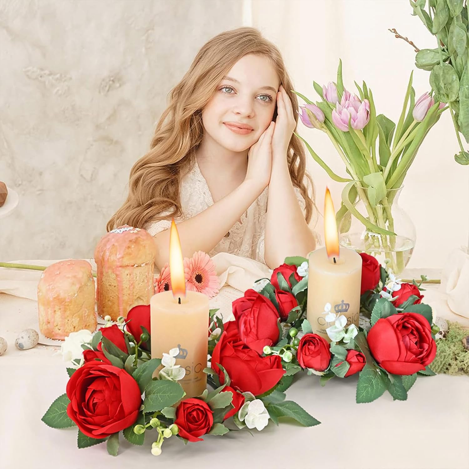 Valentine'S Day Candle Rings Wreaths Red Roses Green Leaves Artificial Flowers Wedding Centerpieces Garland Candle Ring Holder For Party Home Table Valentine Decoration