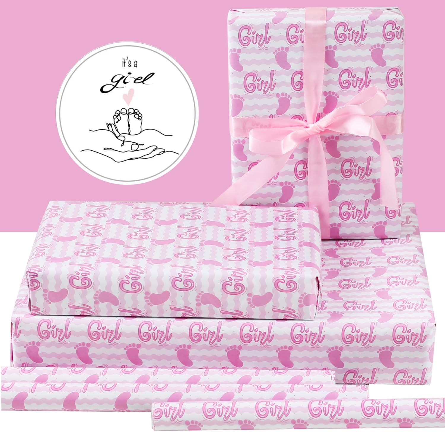 Baby Wrapping Paper - It'S A Girl Feet Pink & White Stripes - 20 X 28 Inches For Girl Birthday Present, Baby Shower, Gender Reveal Theme