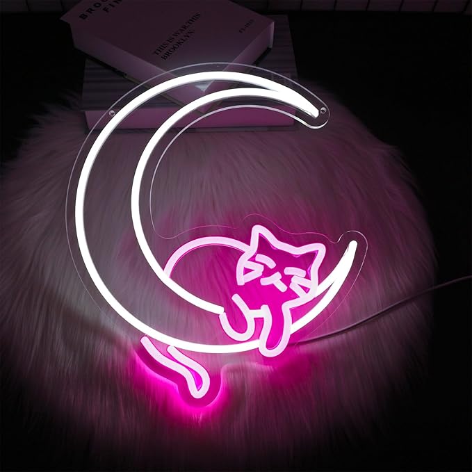 Moon Cat Neon Sign Pink White USB LED Wall Light for Bedroom Dimmable Room Decor