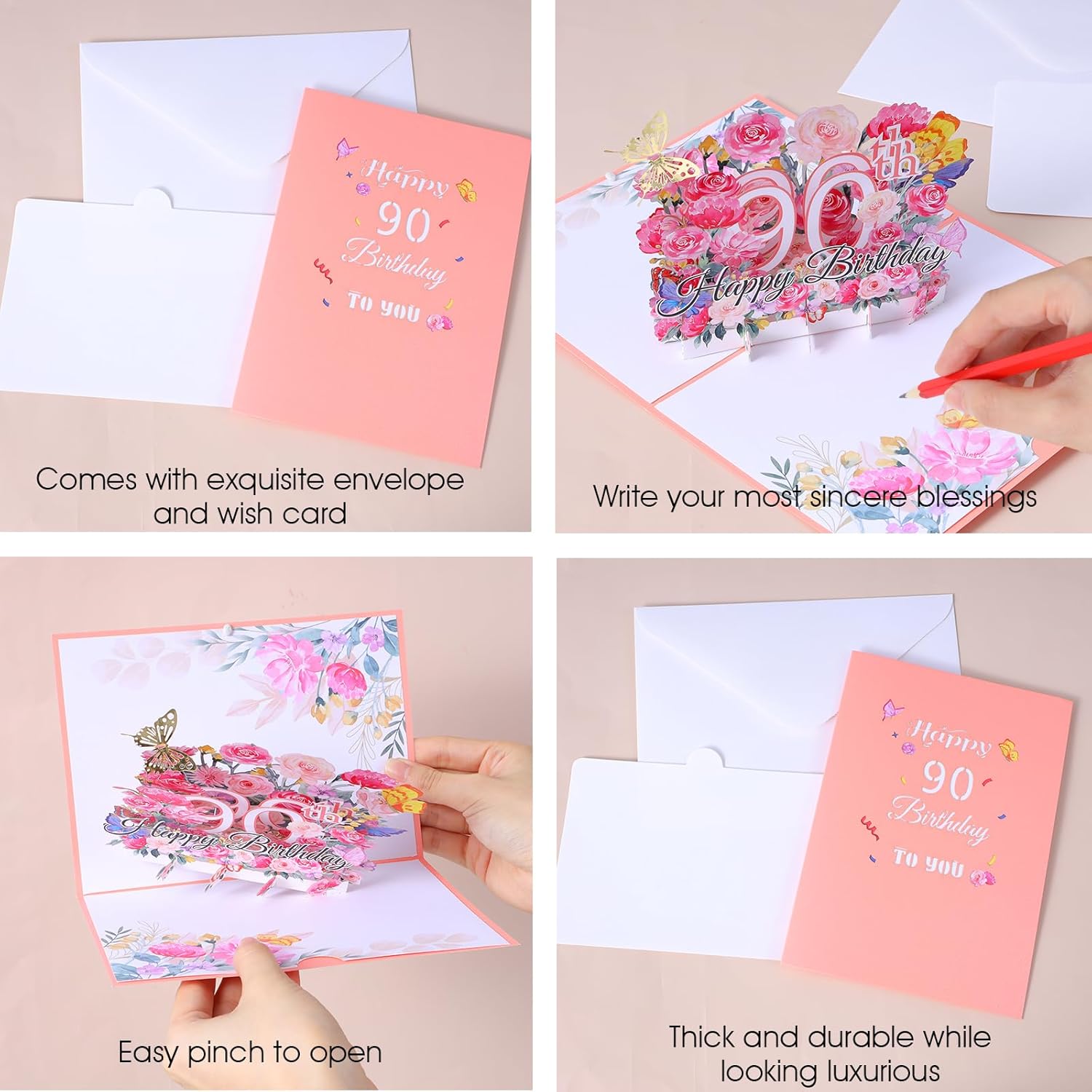 Happy 90Th Birthday Card, 3D Floral Pop Up 90Th Birthday Cards For Women Wife Mom Sister Friend, Elegant Greeting Cards Birth Day Gifts Includes Blank Envelope, 5" X7"