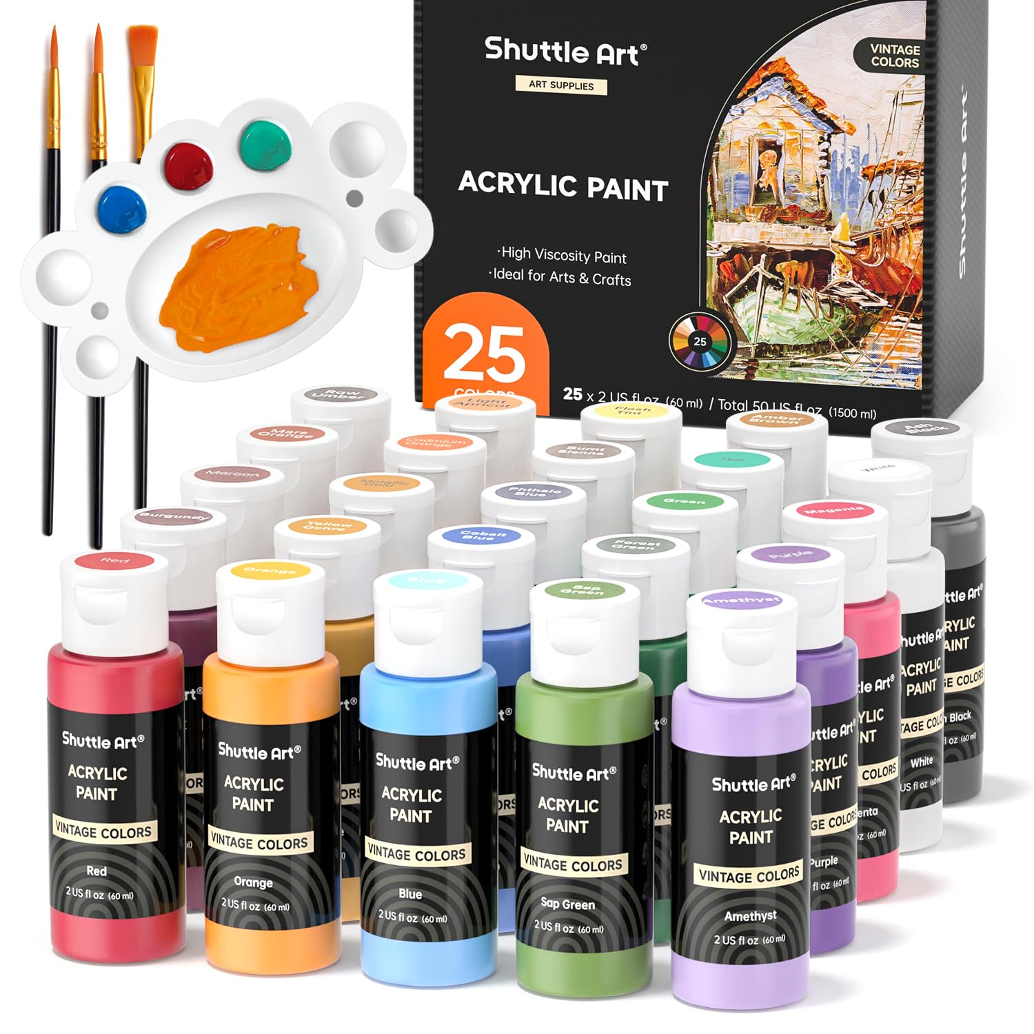 Acrylic Paint Set, 25 Vintage Colours, 2Oz/60Ml Bottles, Rich Pigmented, Premium Acrylic Paints For Artists, Beginners And Kids On Rocks Crafts Canvas Wood Ceramic