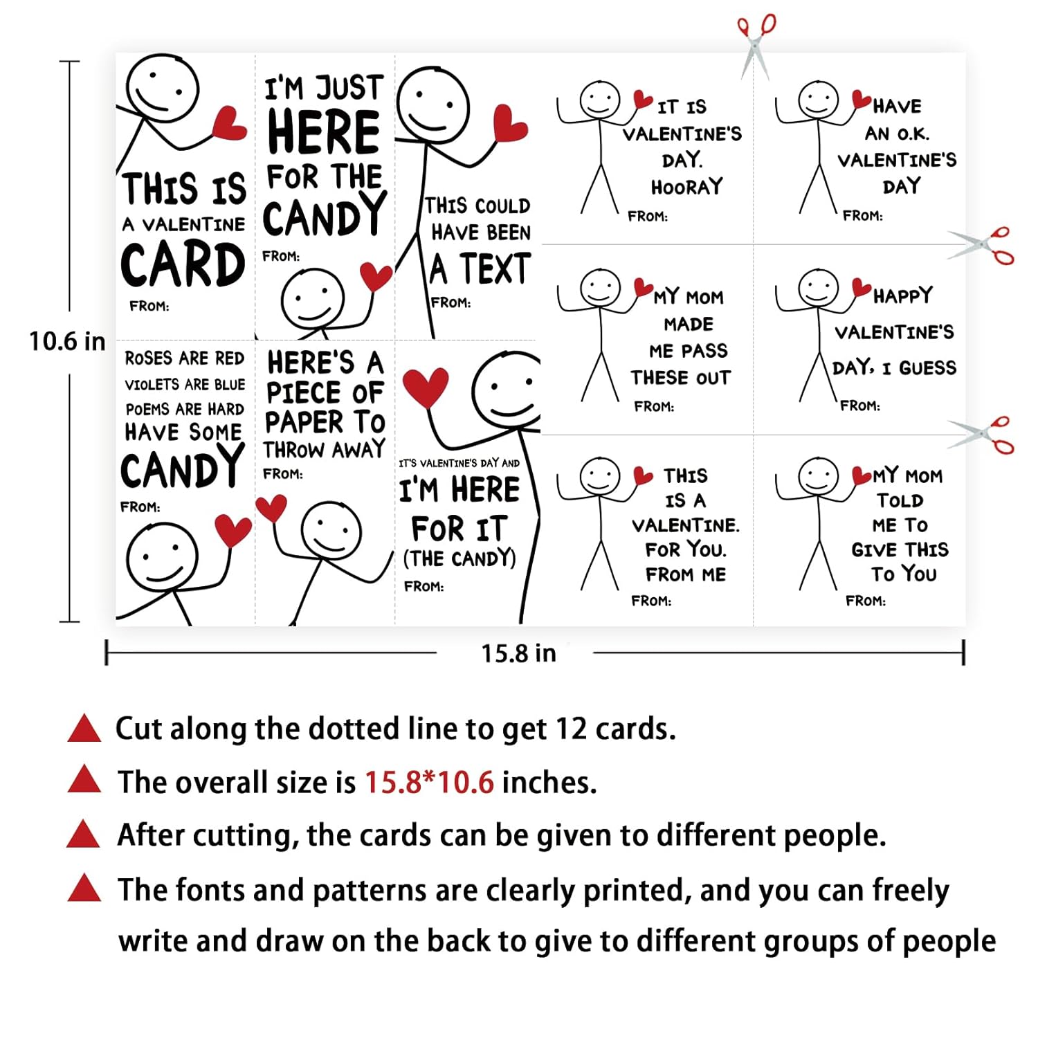 Funny Kids Valentines Day Cards, Humorous Stick Figure Designs, Diy Cut-Outs With Blank Back For Messages – Perfect For School Exchanges, Parties, And Friends
