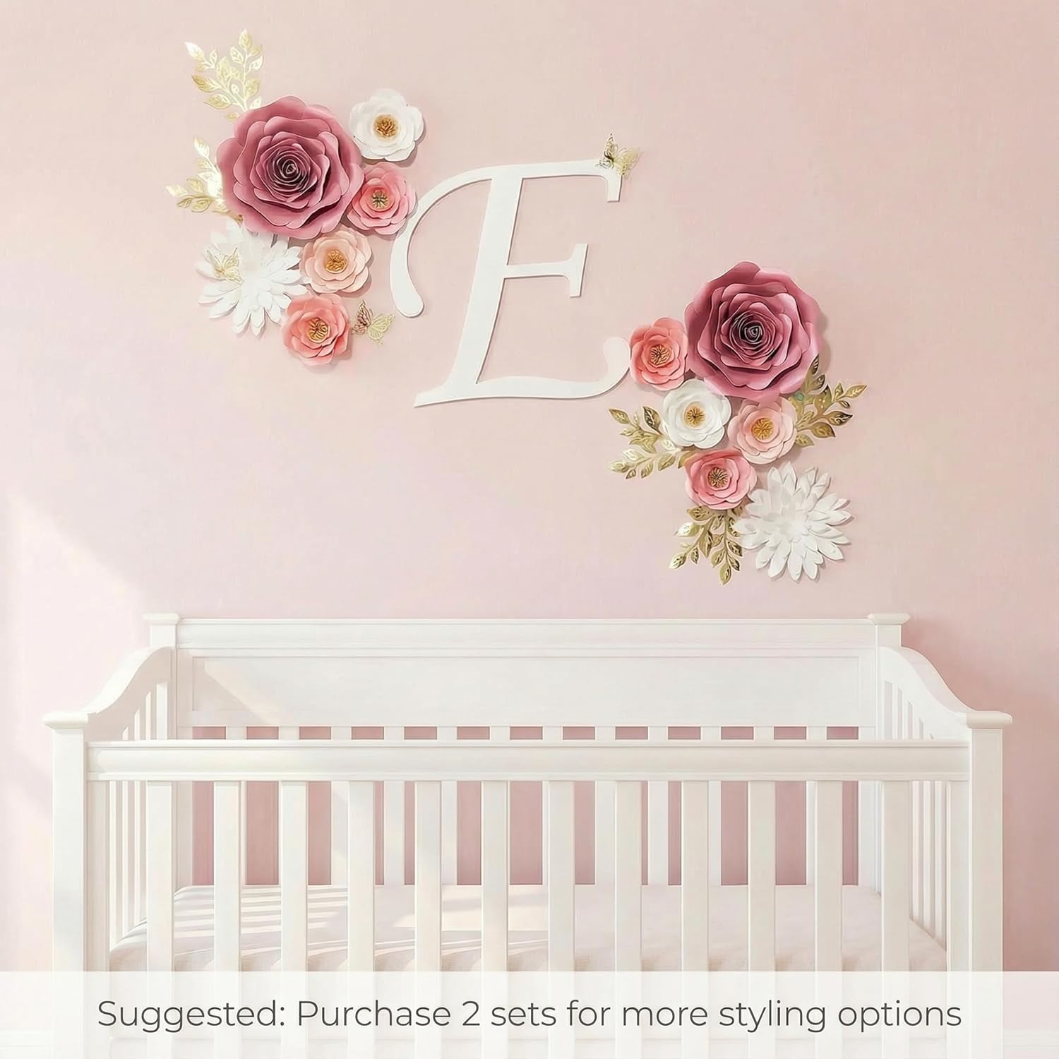 Large Paper Flowers Wall Decor For Baby Girl Nursery (Pre-Assembled) - 300Gsm Pearlized Cardstock 3D Roses With Gold Butterflies - Renter-Friendly Nano Tape & Reusable Backdrop (Pink, Set Of 6)