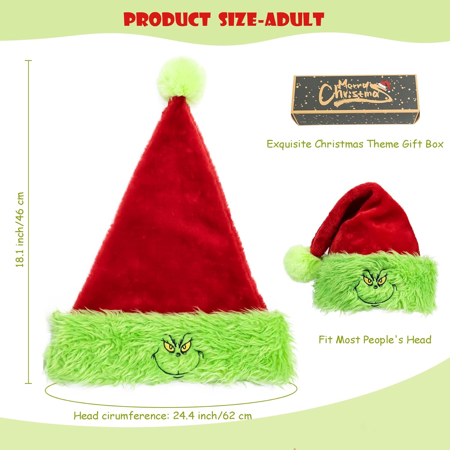 Santa Hat For Unisex Adults?Velvet Christmas Hat With Funny Elf Monster Face For Women Or Men?New Year Party Headwear (Adult)