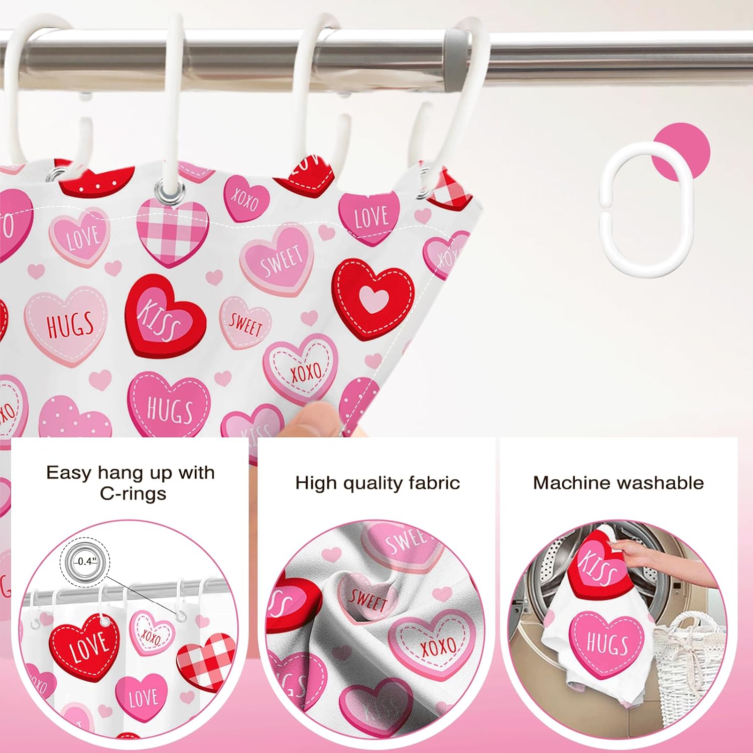 Valentines Shower Curtain Cute Love Pink Hearts Shower Curtain For Valentines Day Decorations Waterproof Romantic Sweetheart Bathroom Decor Curtain, 72 X 72 Inch