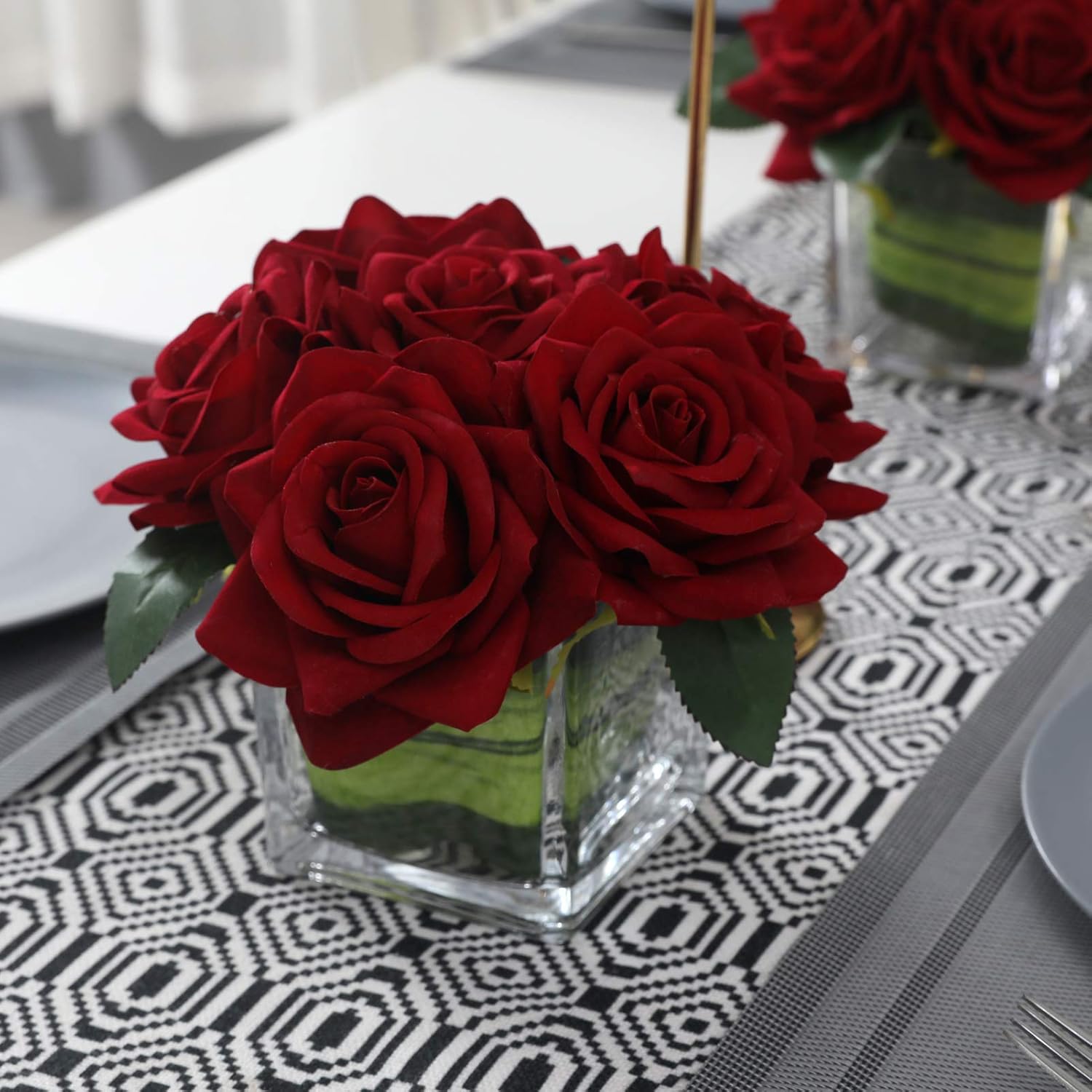 Artificial Velvet Rose Flower Centerpiece Arrangement In Vase For Home Wedding Decoration (Burgundy)