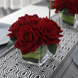 Artificial Velvet Rose Flower Centerpiece Arrangement In Vase For Home Wedding Decoration (Burgundy)