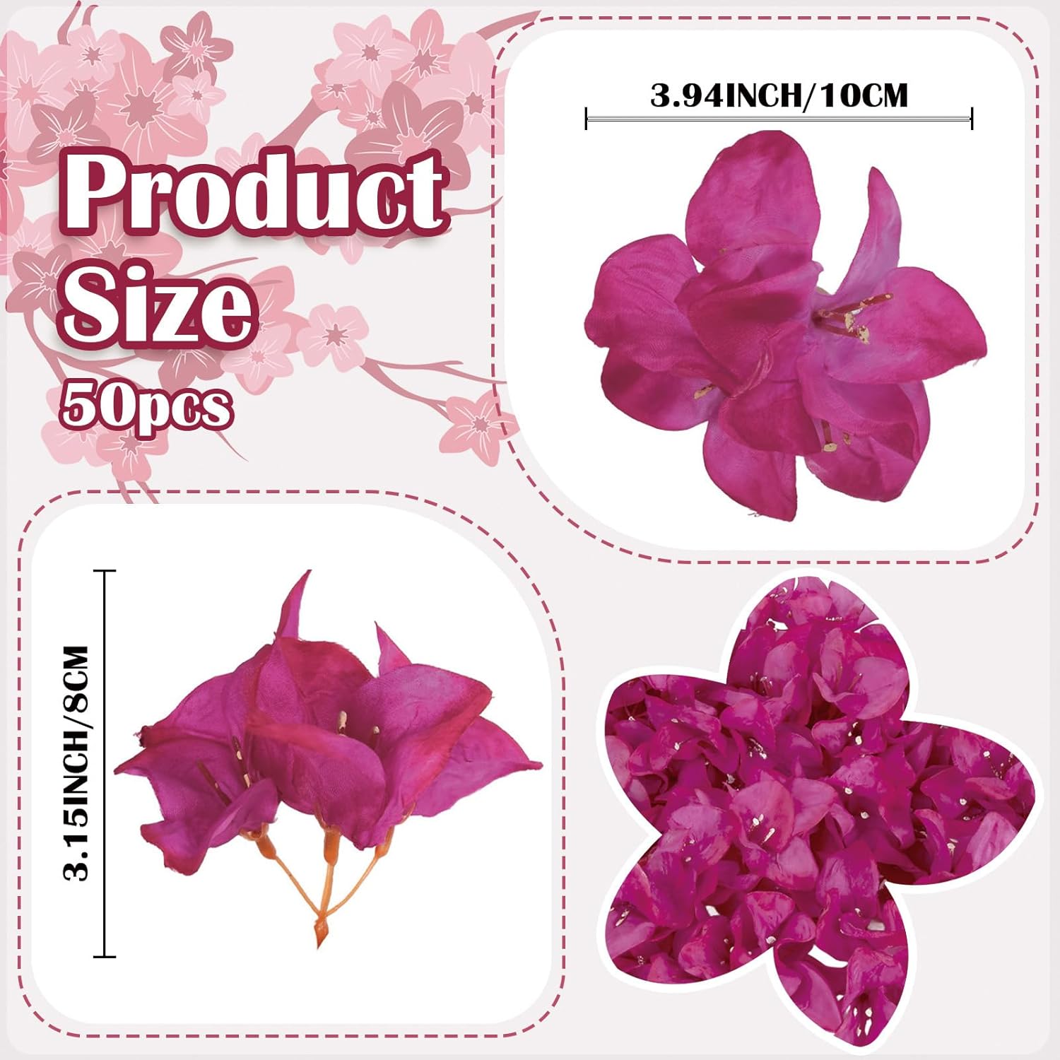 50Pcs Bougainvillea Artificial Flower Heads Hot Pink Silk Fake Flowers Bulk For Crafts Diy Wedding Corsage Cake Decor(Hot Pink)