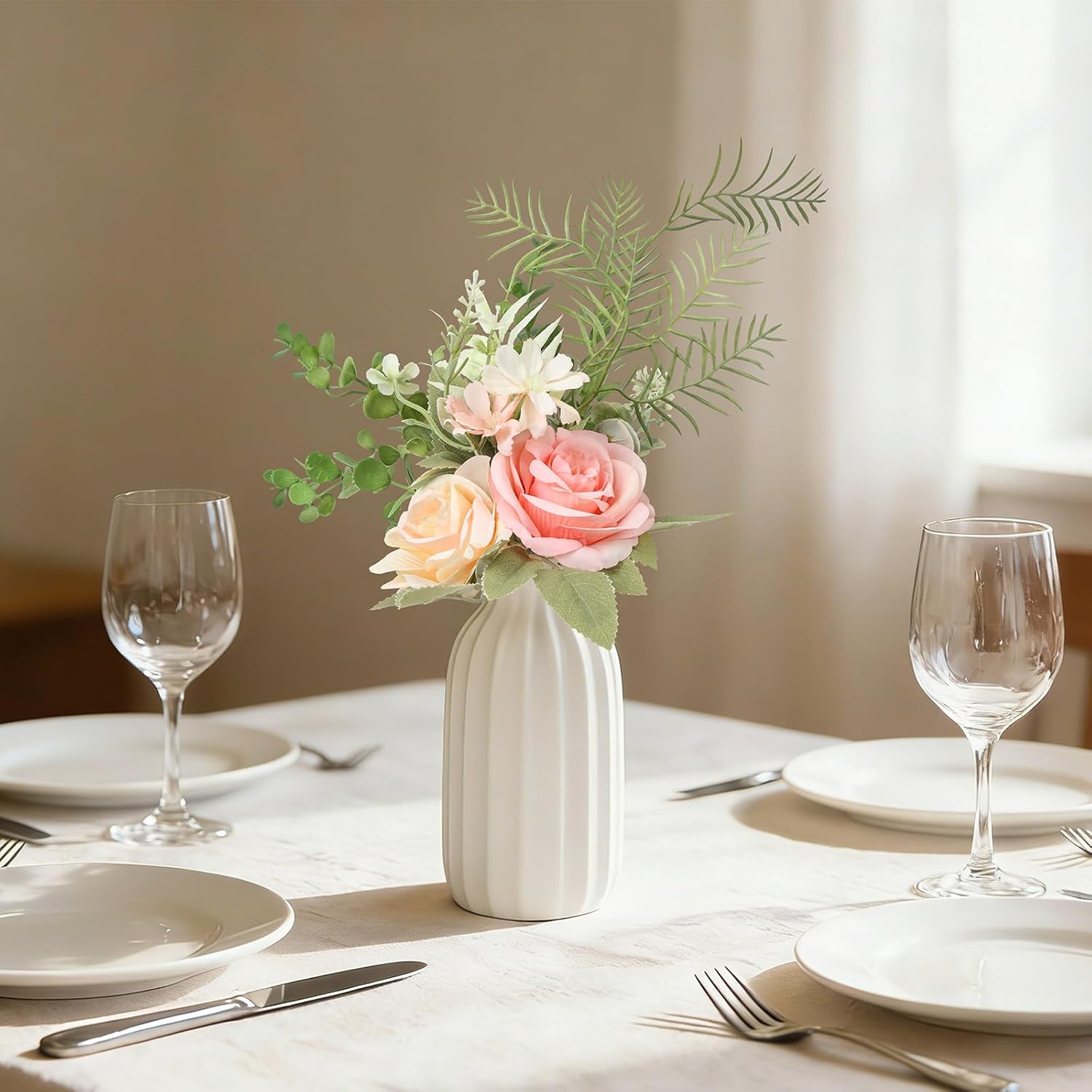 Faux Flowers With Vase - Rose Artificial Flowers In Vase For Coffee Table Centerpiece Entryway Decoration, Rustic Floral Arrangement For Living Room Kitchen Farmhouse Home Decor