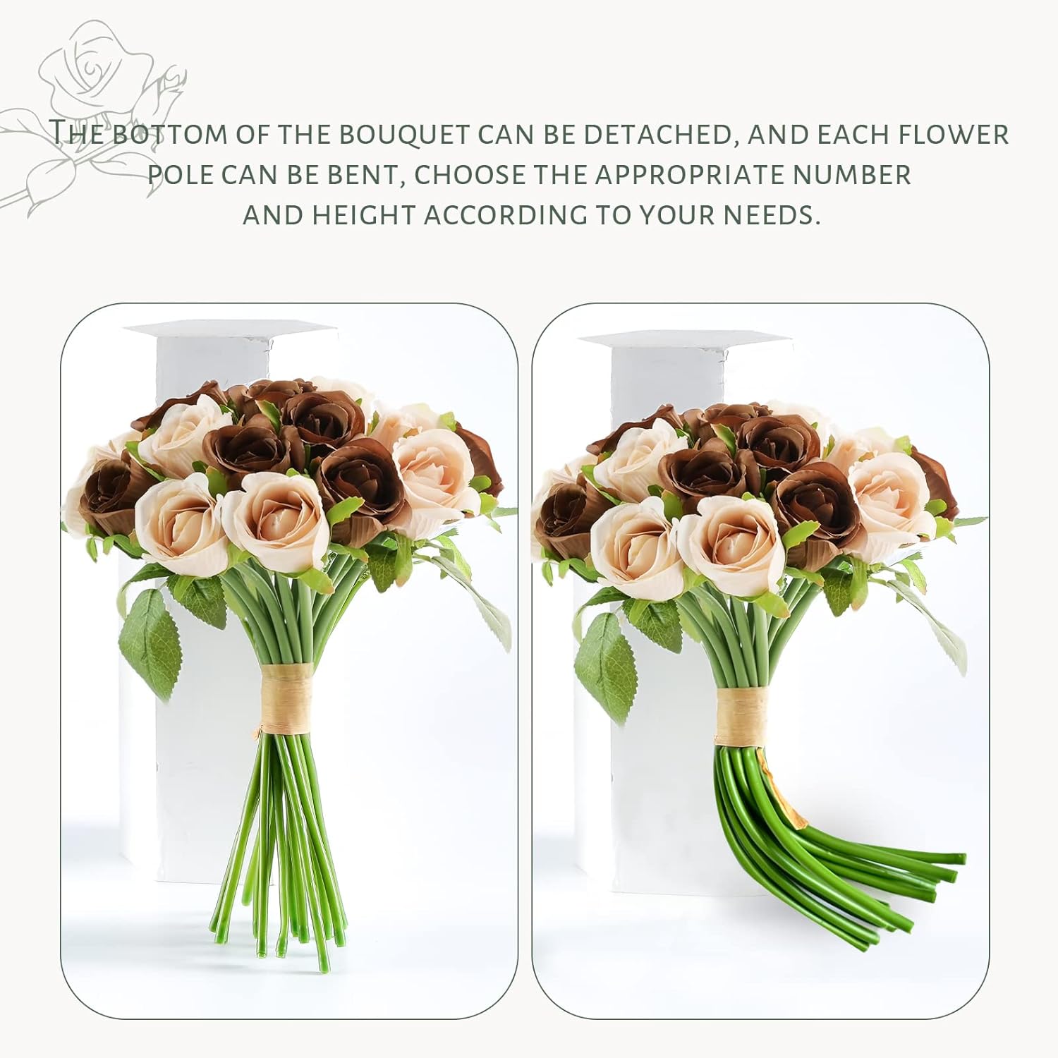 36Pcs Roses Artificial Flowers Brown&Cream, Silk Flowers With Stems Fake Flowers Bouquet For Home Decoration Bridal Wedding