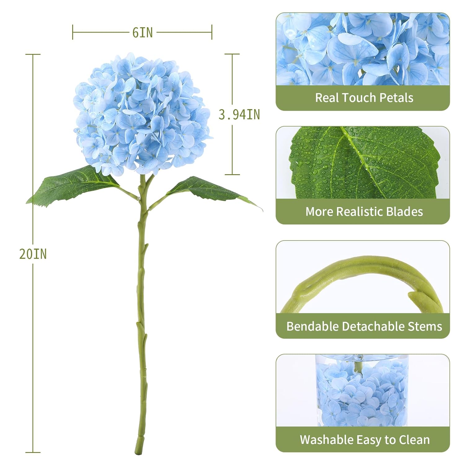 5Pcs 20'' Blue Artificial Hydrangea Flowers Latex Faux Hydrangeas Real Touch Silk Hydrangea With Stems For Home Decor Weddings Table Floral Arrangements Centerpieces Party Decorations