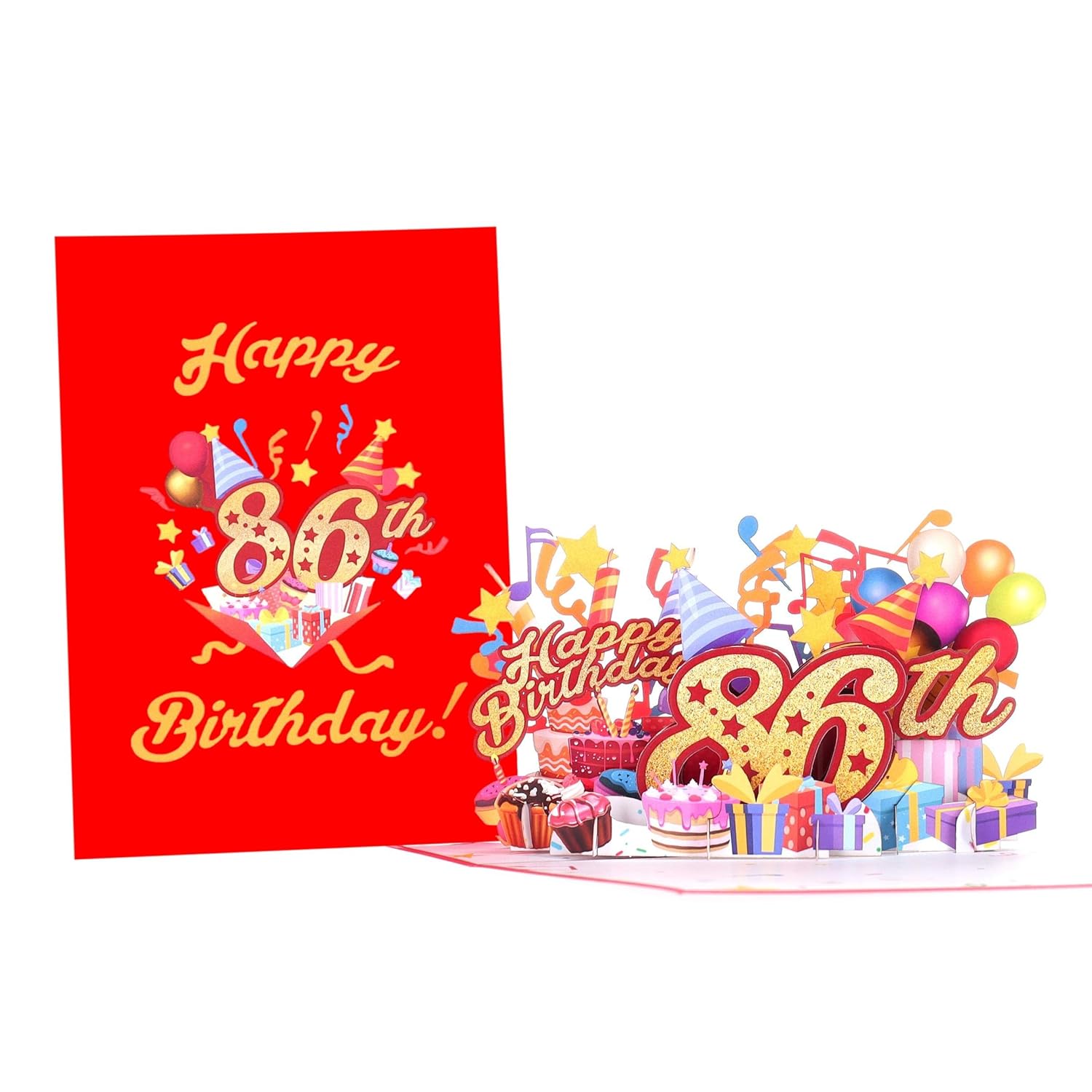 3D Pop Up Happy 86Th Birthday Card – Red Design With Glitter Numbers, Balloons, Cakes & Gifts – Unique Bday Card For Dad, Mom, Husband, Wife, Man Or Woman – 5" X 7"