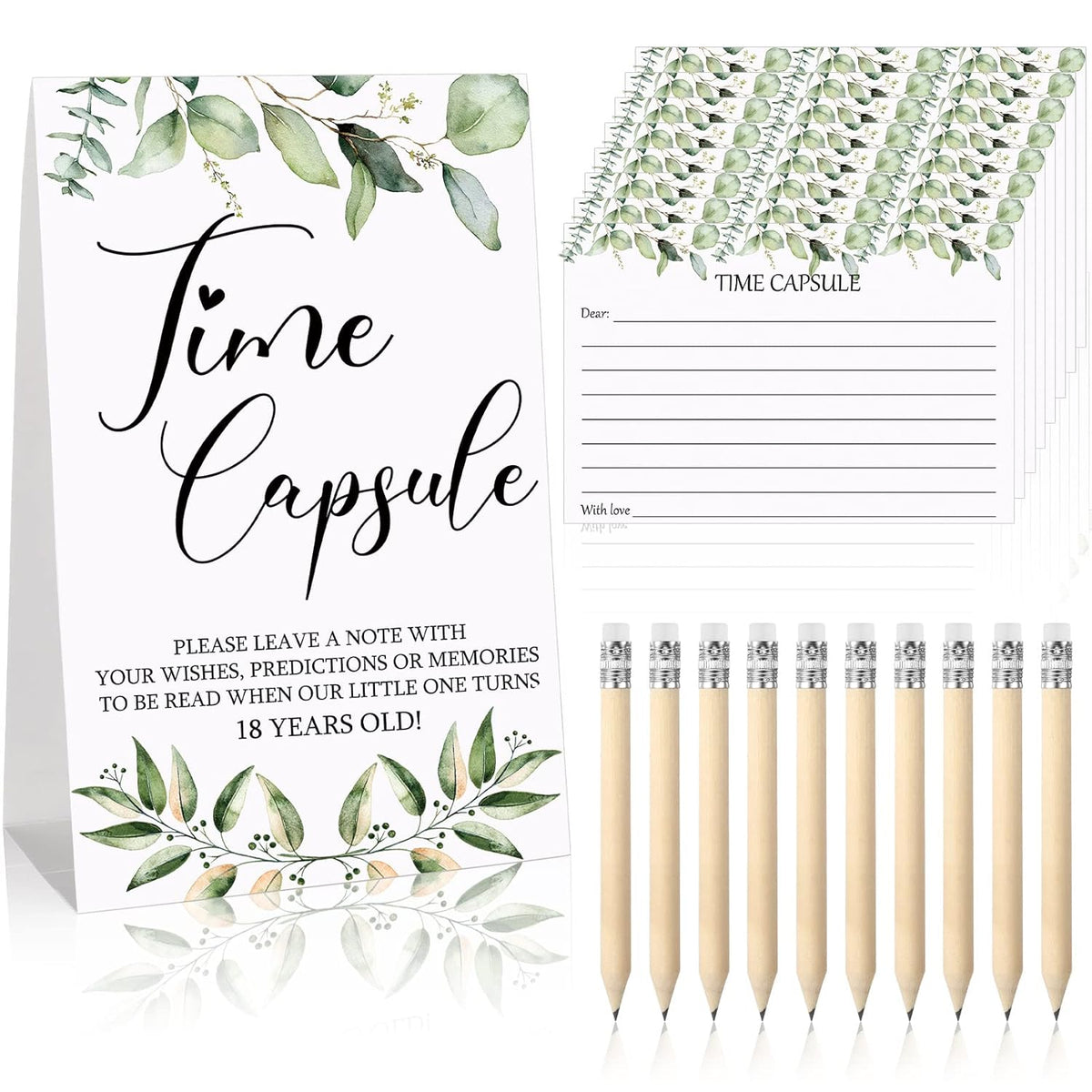 61 Pcs Time Capsule First Birthday Greenery Baby Shower Games Time Capsule Sign For 1St Birthday Party Games With 50 Message Cards 10 Pencils For Baby Shower Guests Keepsake Activities