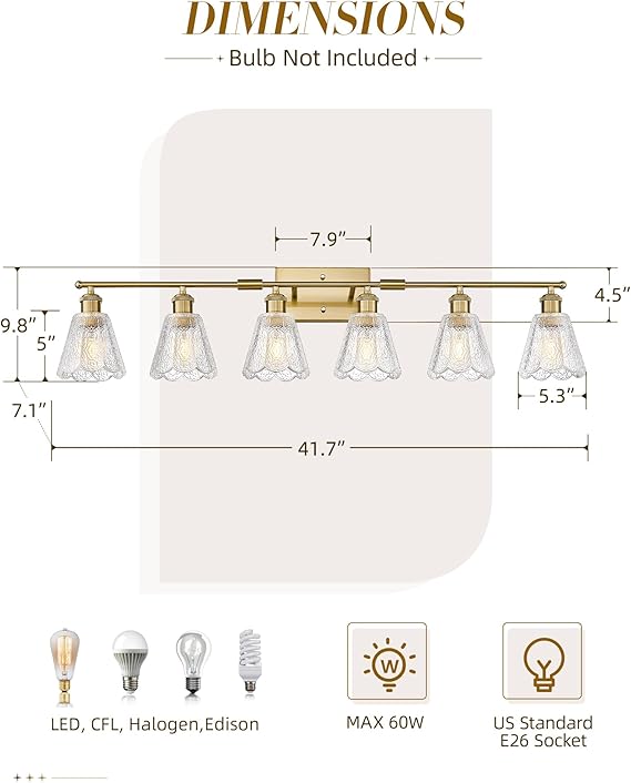 6-Light Brushed Gold Bathroom Vanity Light with Clear Floral Glass Shades 41 Inch