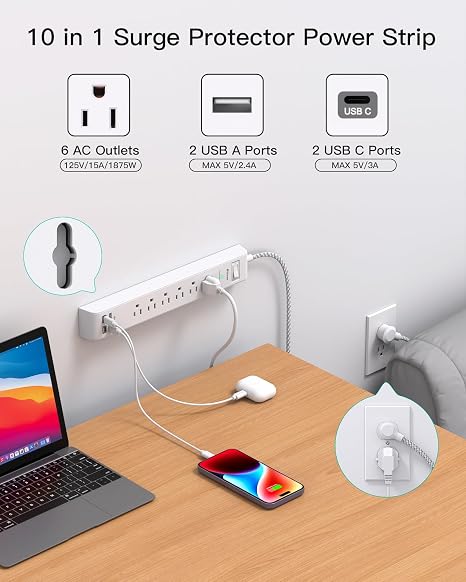 2 Pack Surge Protector Power Strip 12FT Extension Cord with 6 Outlets 4 USB Ports 2 USB C