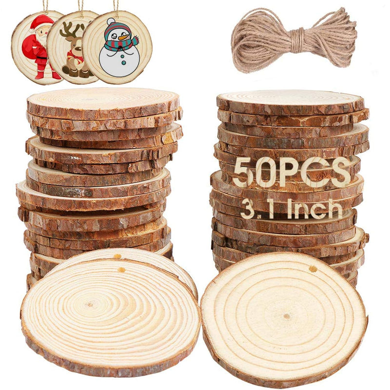 Natural Wood Slices 50 Pcs 2.7-3.1 Inches Craft Wood Kit Unfinished Predrilled