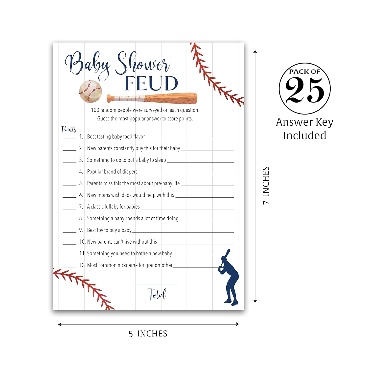 Baseball Baby Shower Feud Game — Pack Of 25 — Fun Shower Family Feud Games, Navy Blue Boy Baby Shower Activity, Rustic Sports Co-Ed Couples Shower Fued Games Little Slugger Theme G900-Bsf